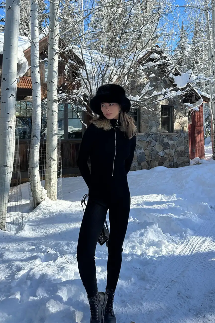 Apres Faux Fur Trimmed Black Ribbed Knit Jumpsuit - Image 4