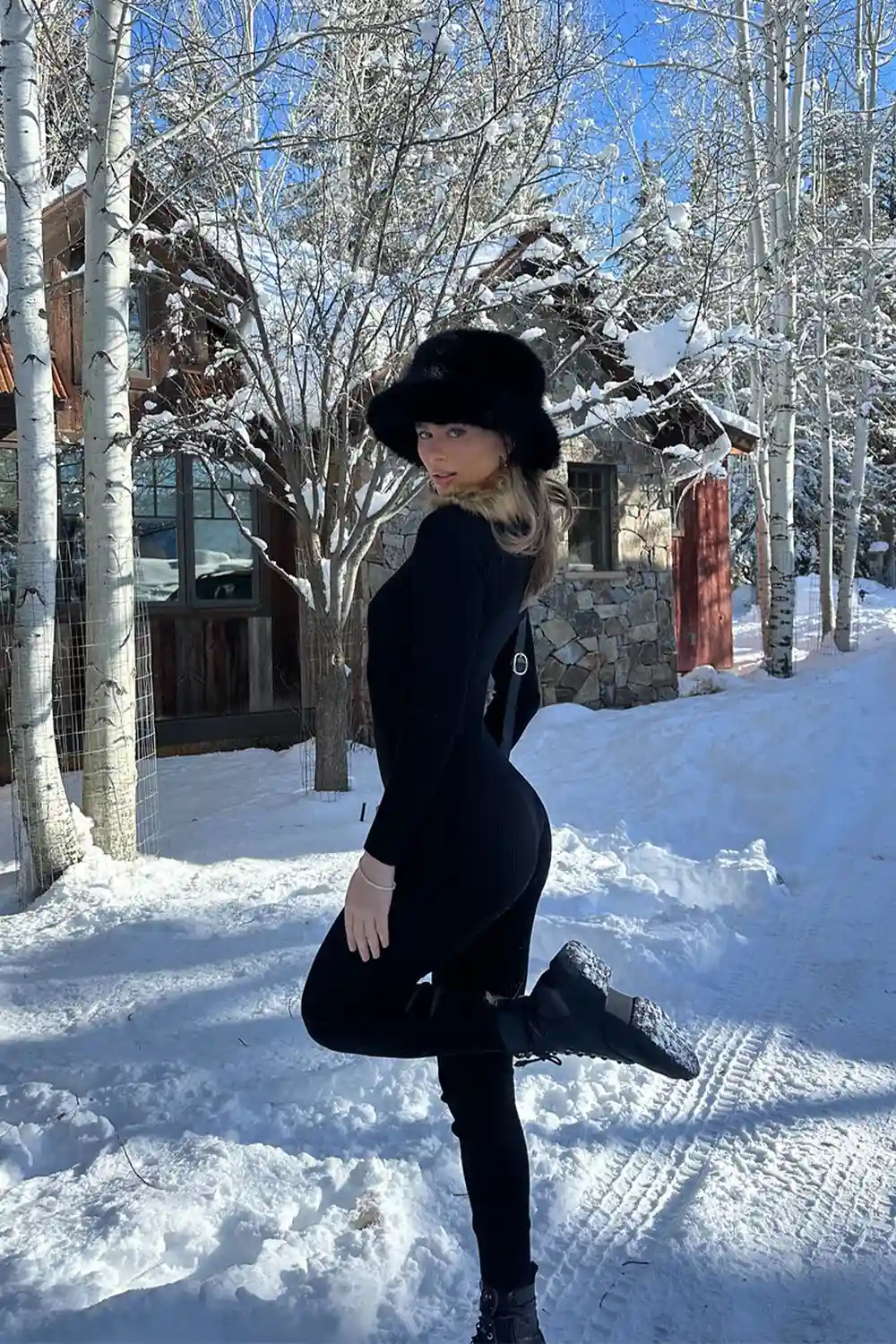 Apres Faux Fur Trimmed Black Ribbed Knit Jumpsuit - Image 5