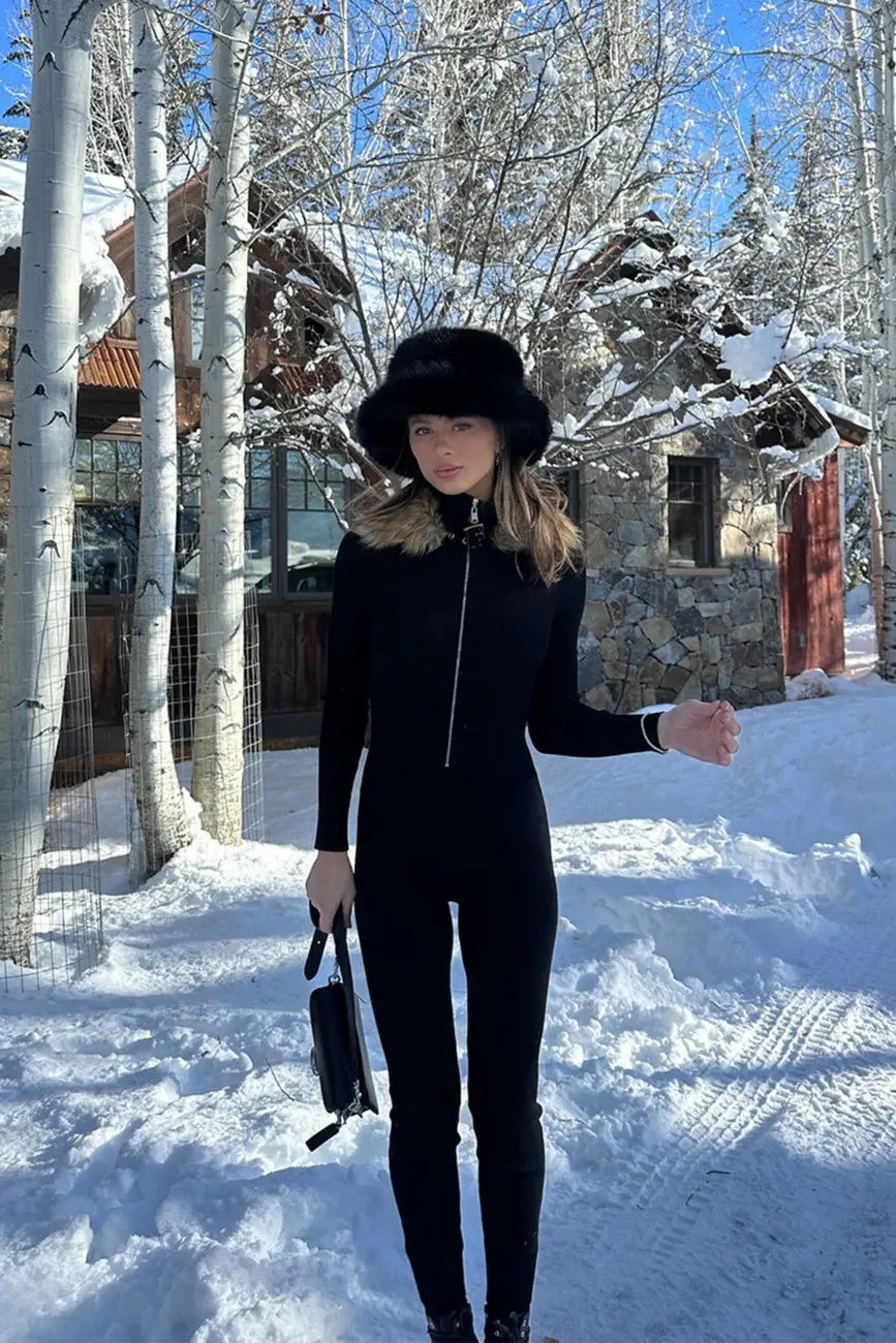 Apres Faux Fur Trimmed Black Ribbed Knit Jumpsuit - Image 6