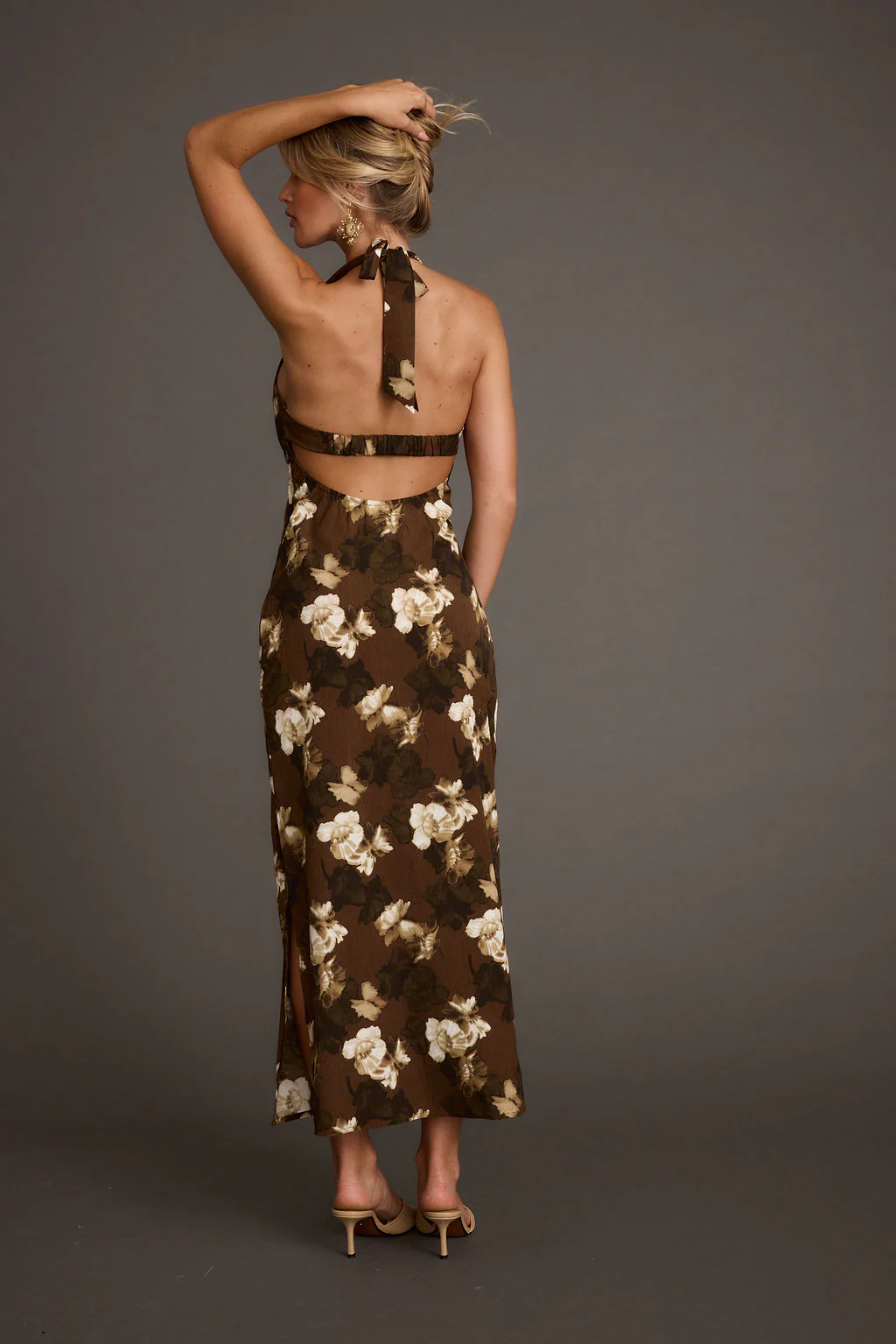 Audrina Brown Floral Halter Maxi Dress - Image 6
