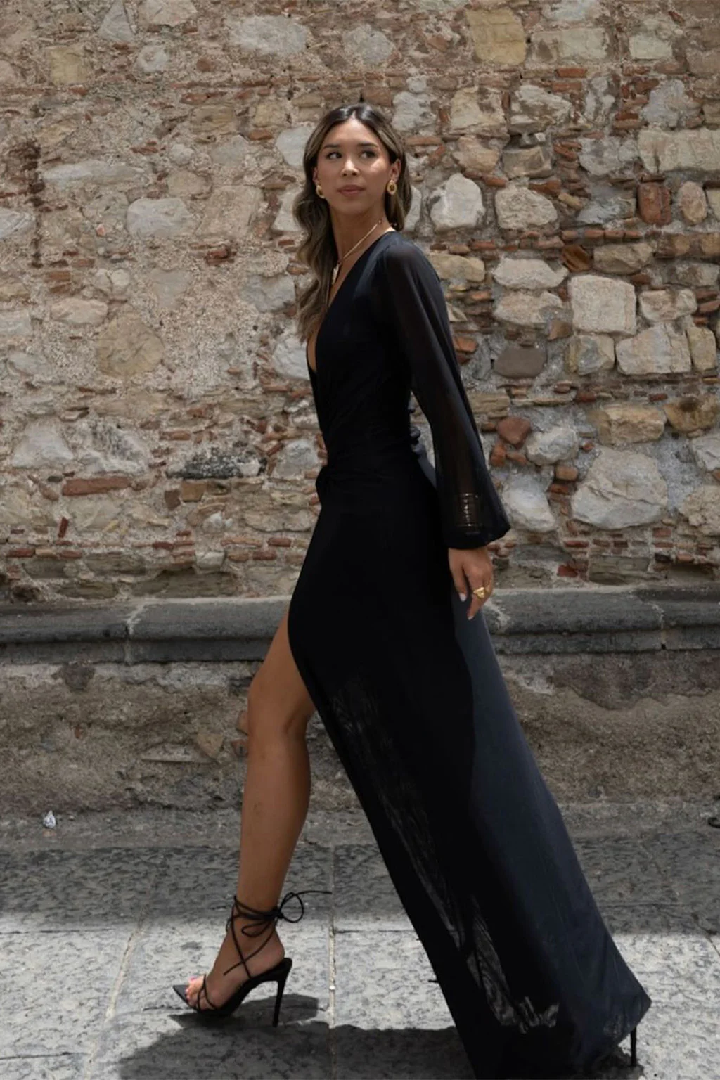Bella Black Mesh Plunge Maxi Dress - Image 6