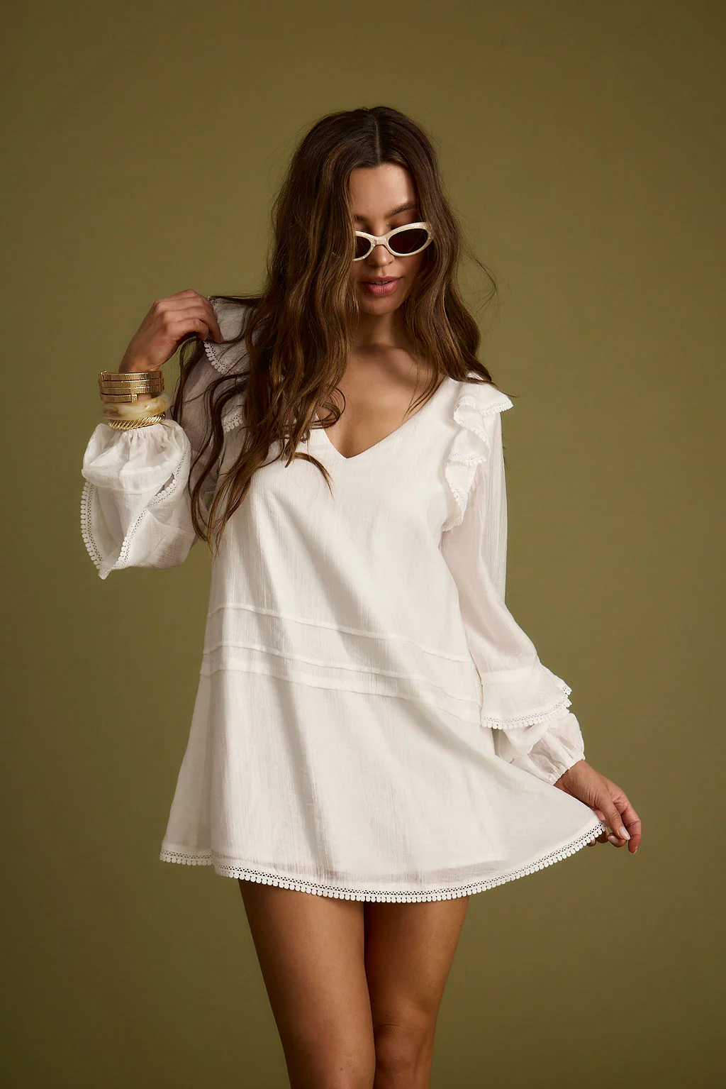 Bound White Long Sleeve Micro Tunic Dress - Image 7