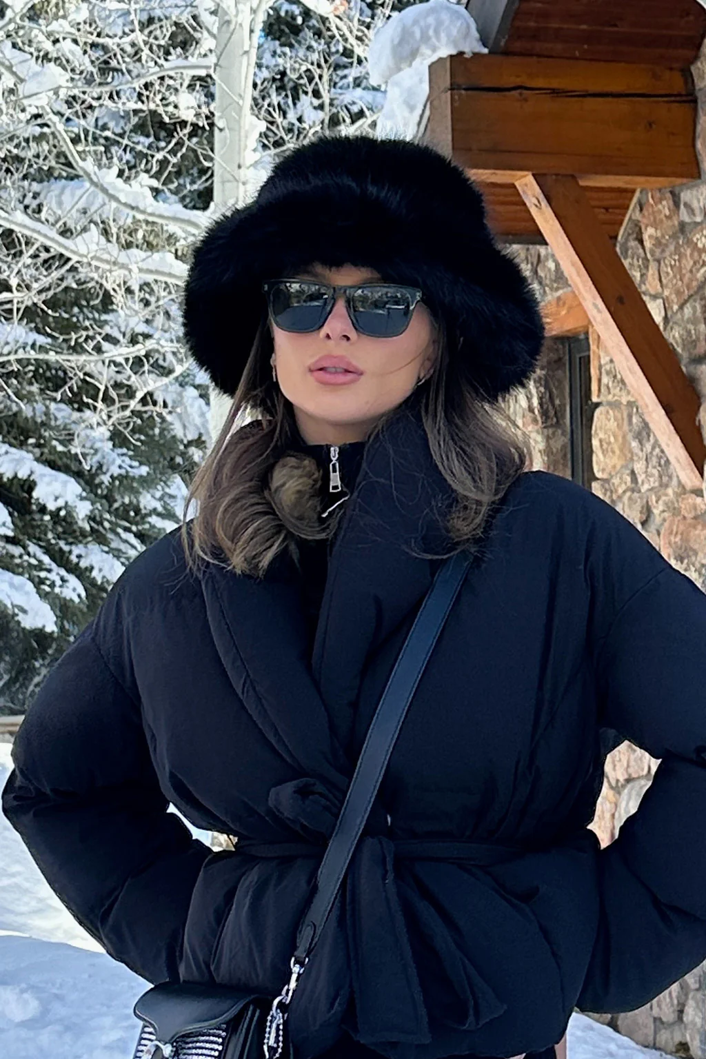 Bucket Down Black Faux Fur Hat - Image 3
