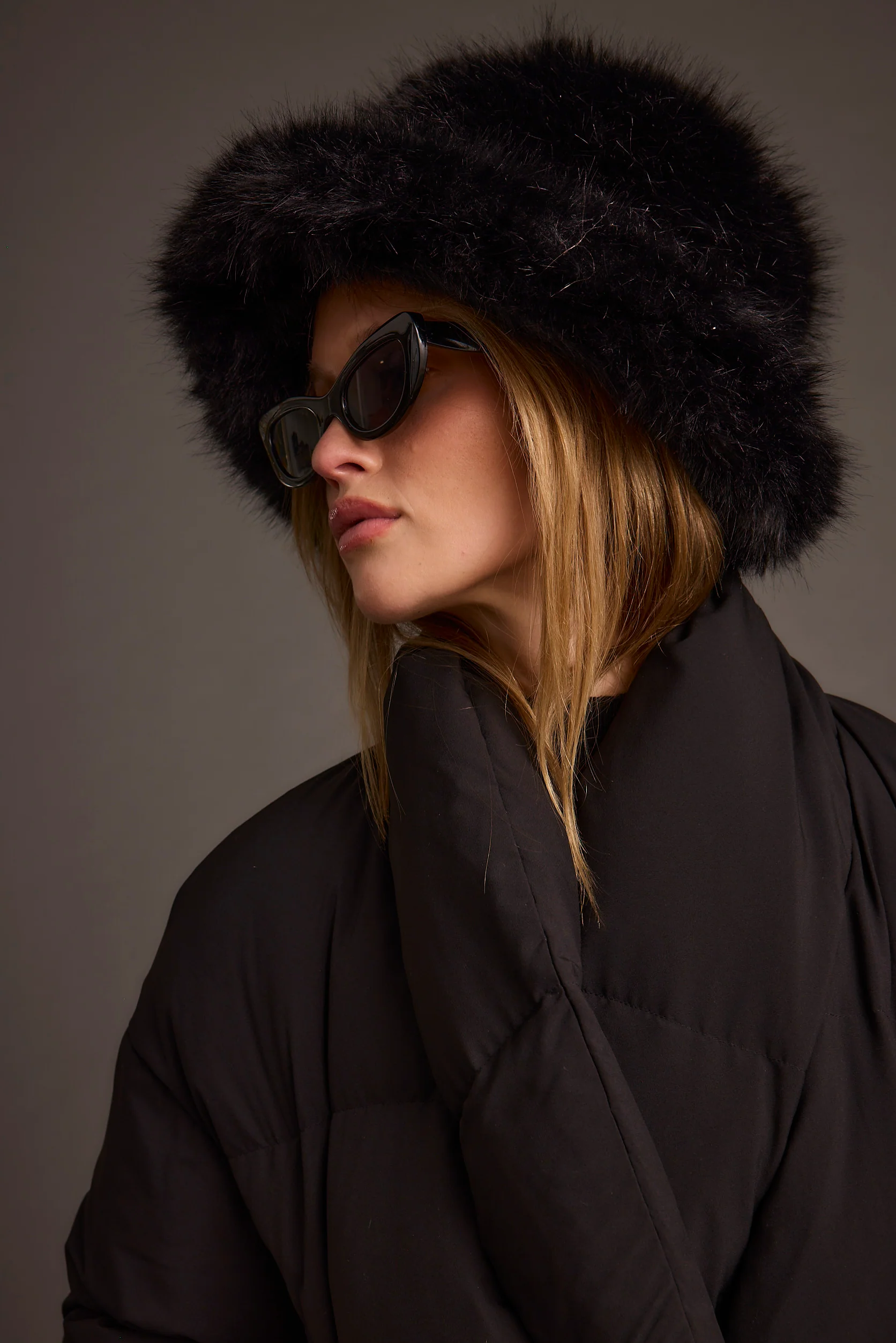 Bucket Down Black Faux Fur Hat - Image 9