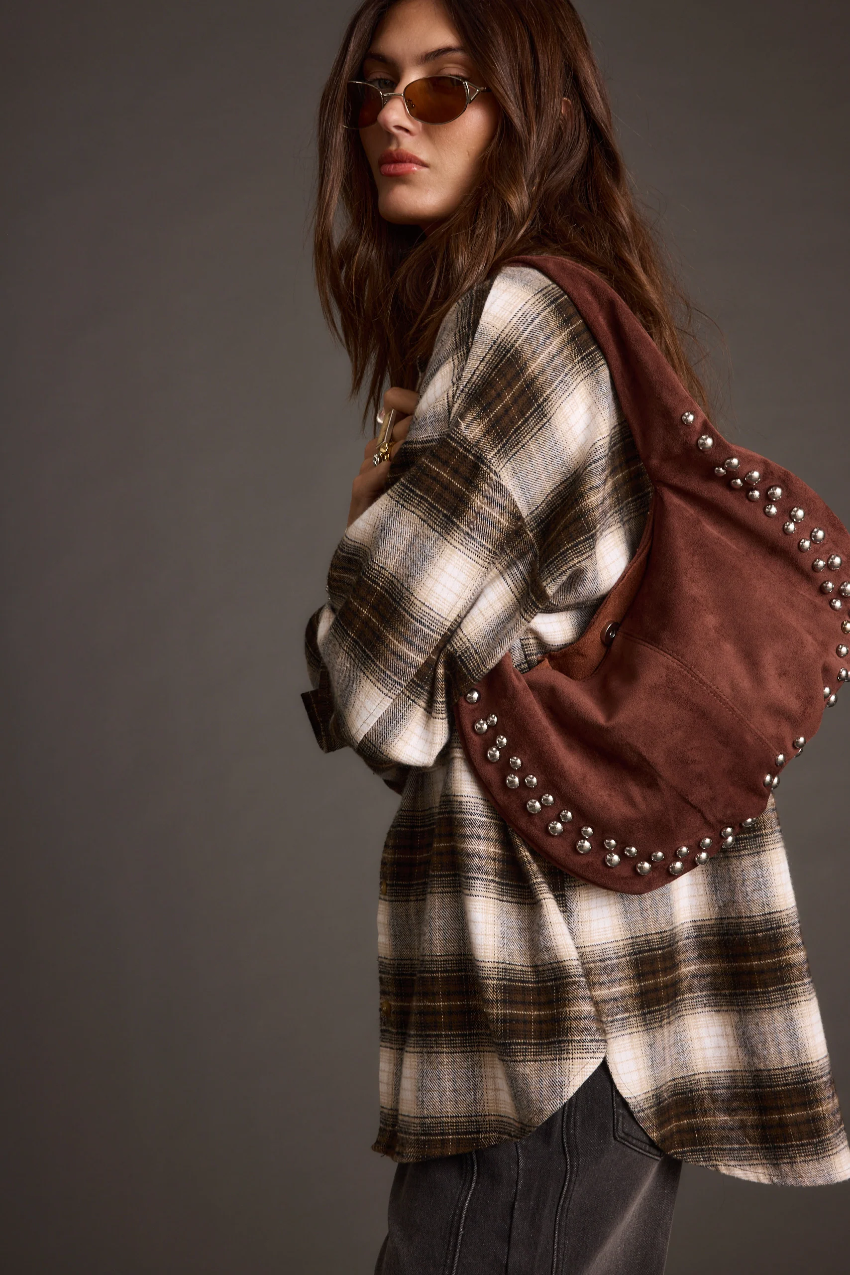 Emery Mocha Studded Faux Suede Bag - Image 2