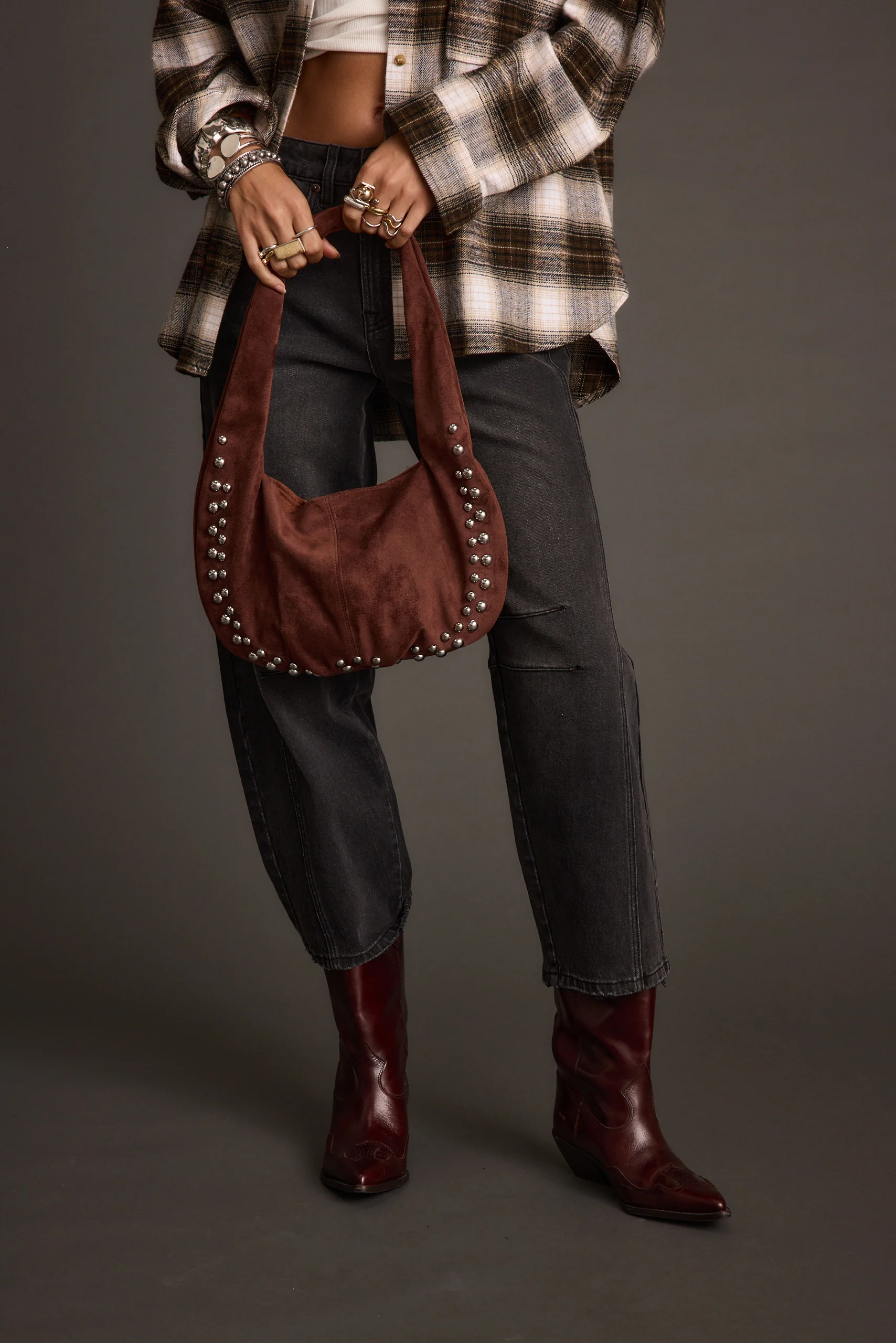 Emery Mocha Studded Faux Suede Bag - Image 3