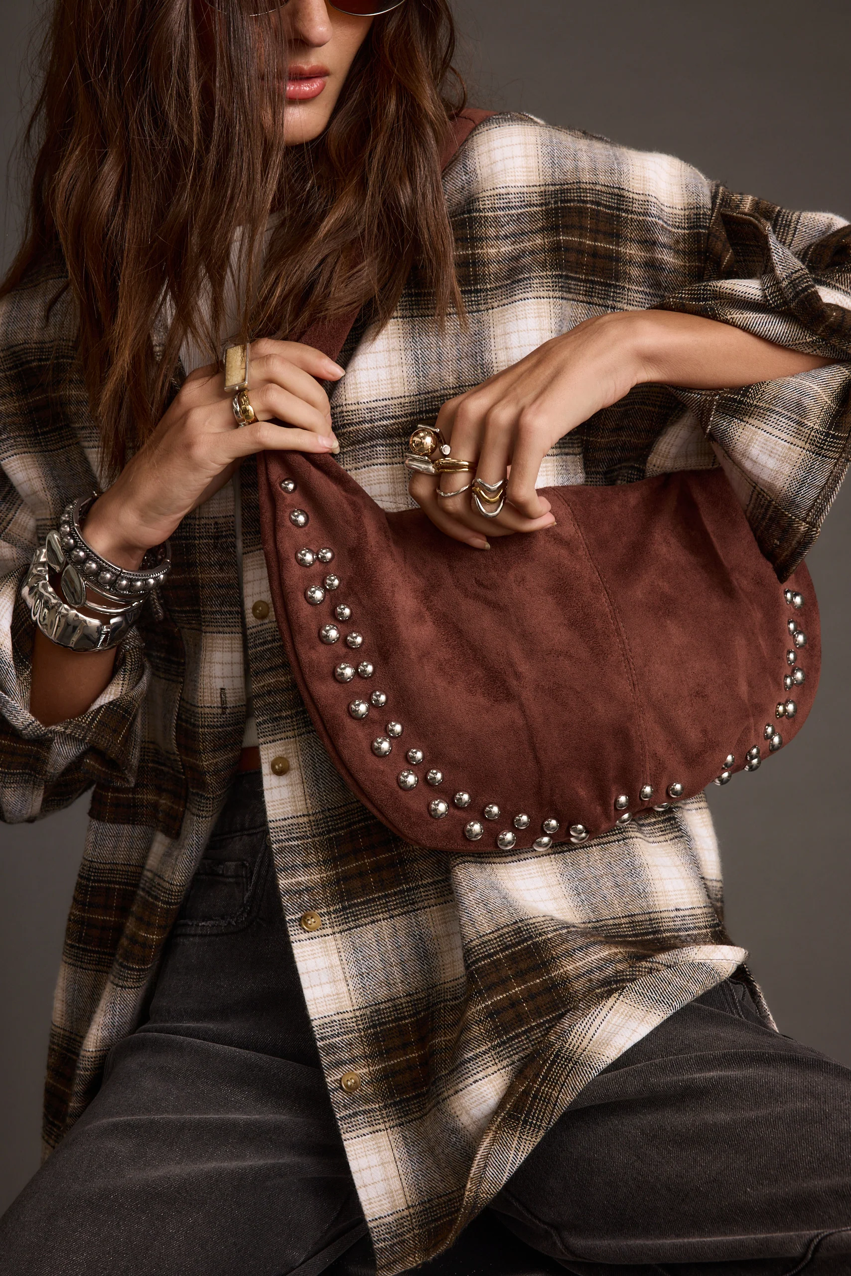 Emery Mocha Studded Faux Suede Bag - Image 5