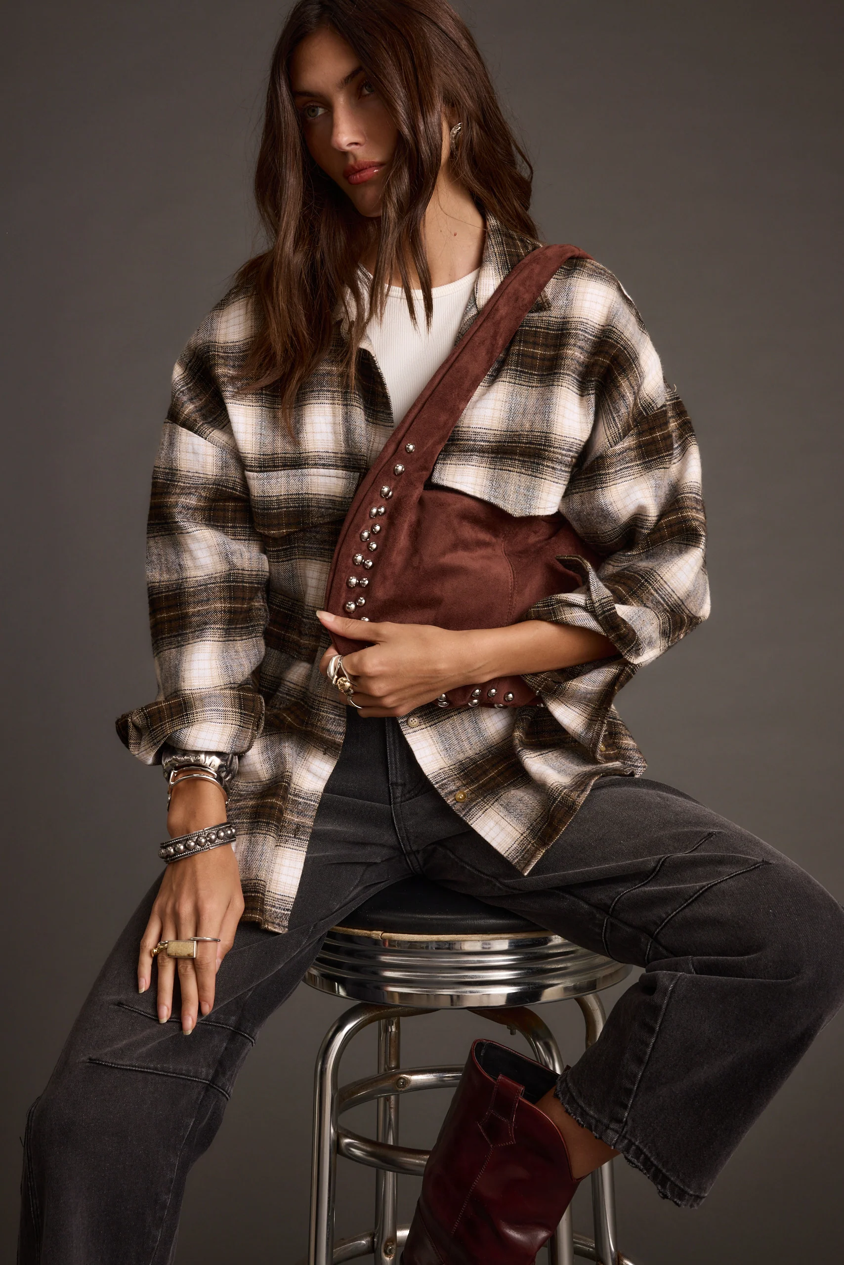 Emery Mocha Studded Faux Suede Bag - Image 7