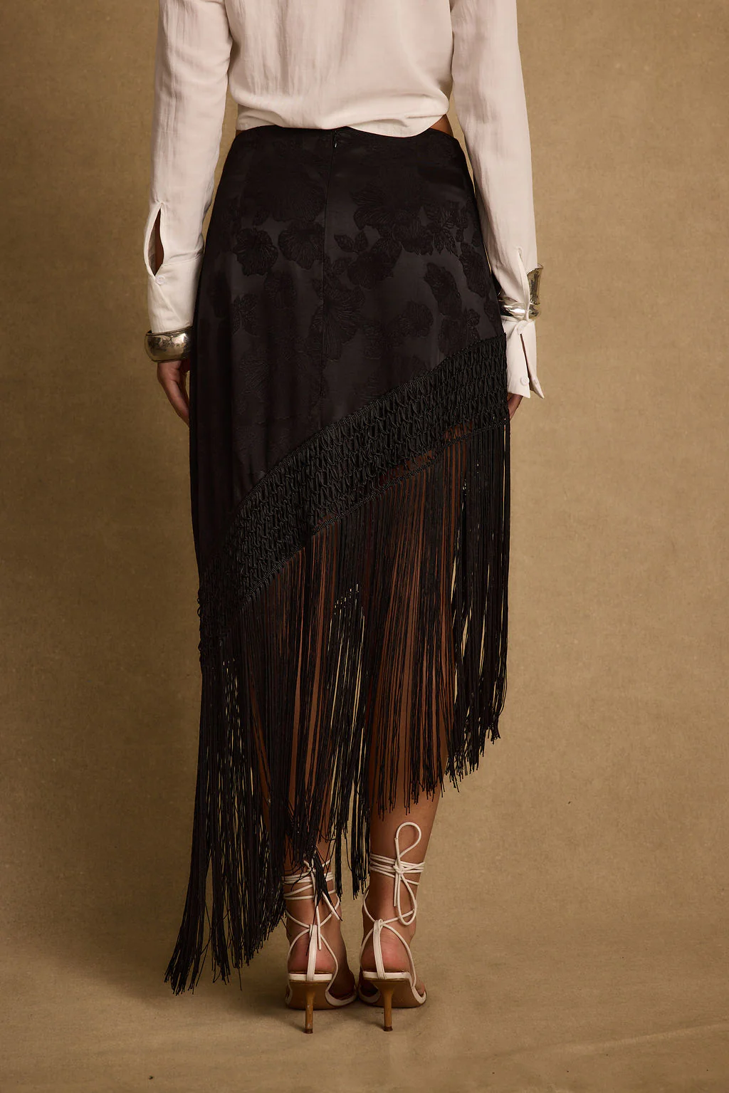 Frankie Black Satin Jacquard Fringe Midi Skirt - Image 3
