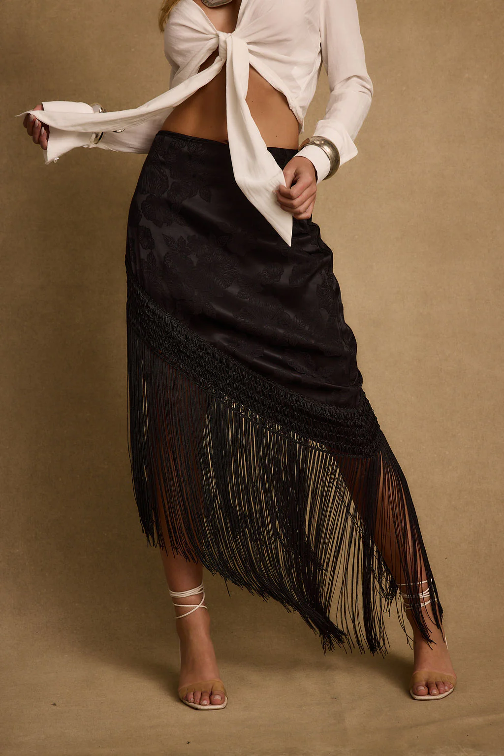 Frankie Black Satin Jacquard Fringe Midi Skirt - Image 4