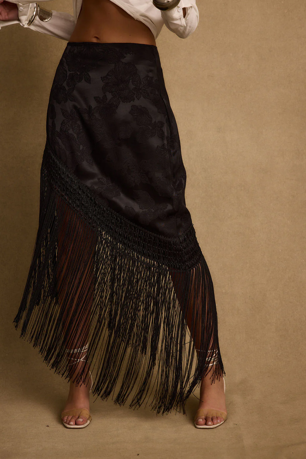 Frankie Black Satin Jacquard Fringe Midi Skirt - Image 7