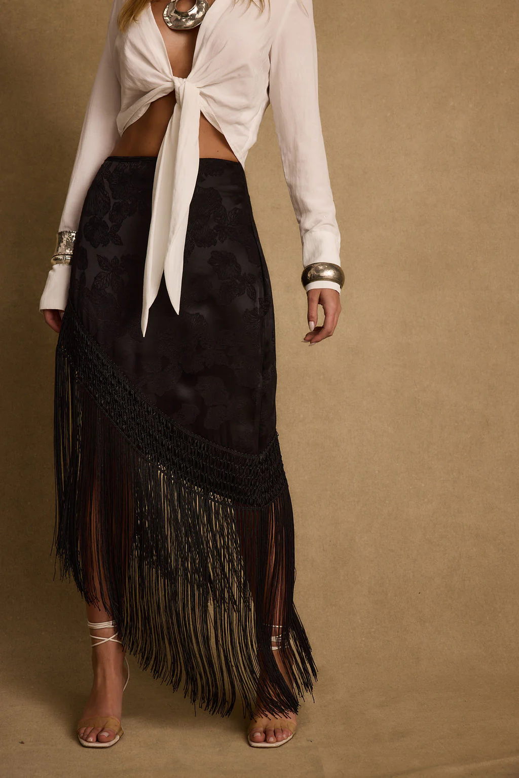 Frankie Black Satin Jacquard Fringe Midi Skirt - Image 9