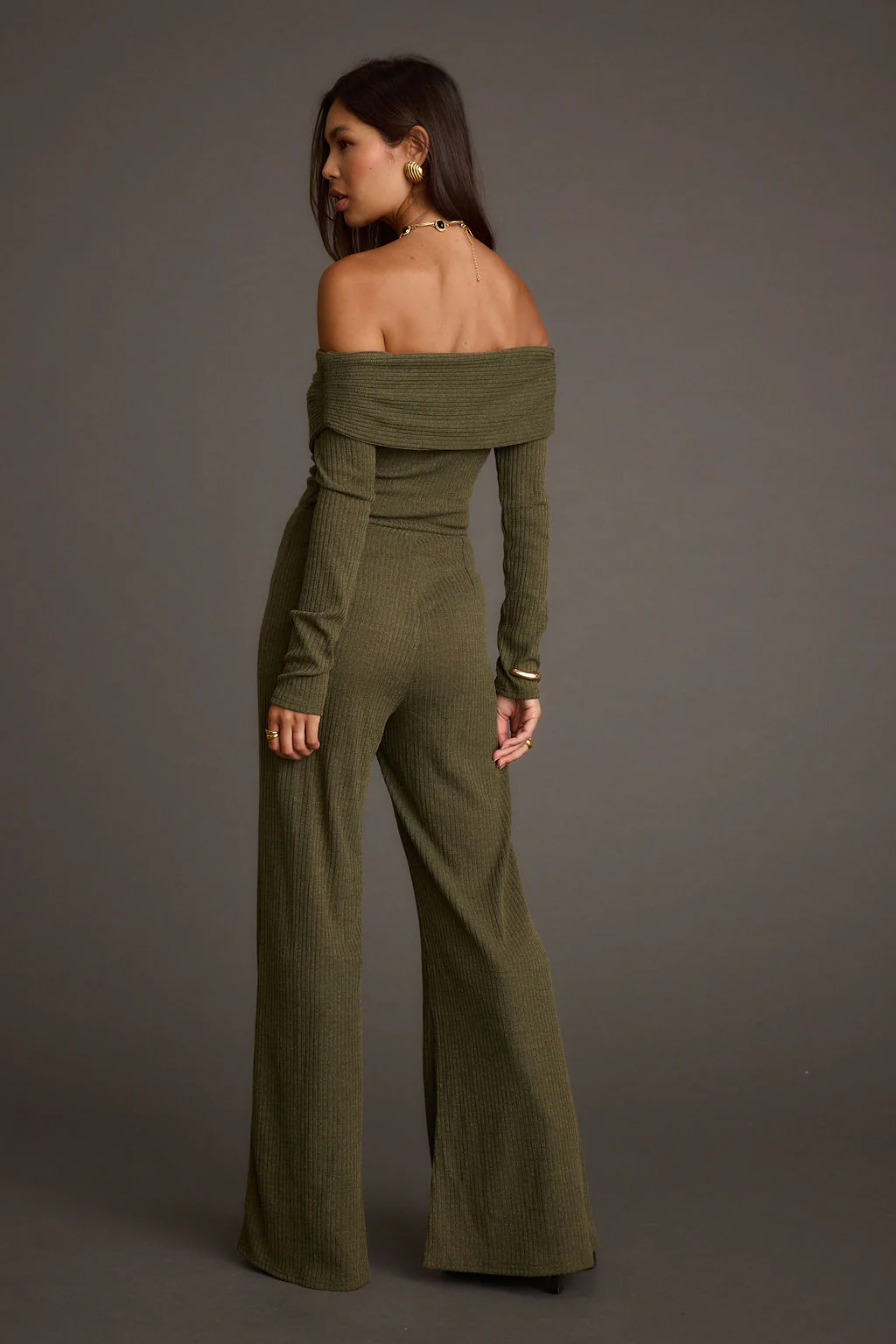 Greenwich Olive Knit Off The Shoulder Jumpsuit - Image 2
