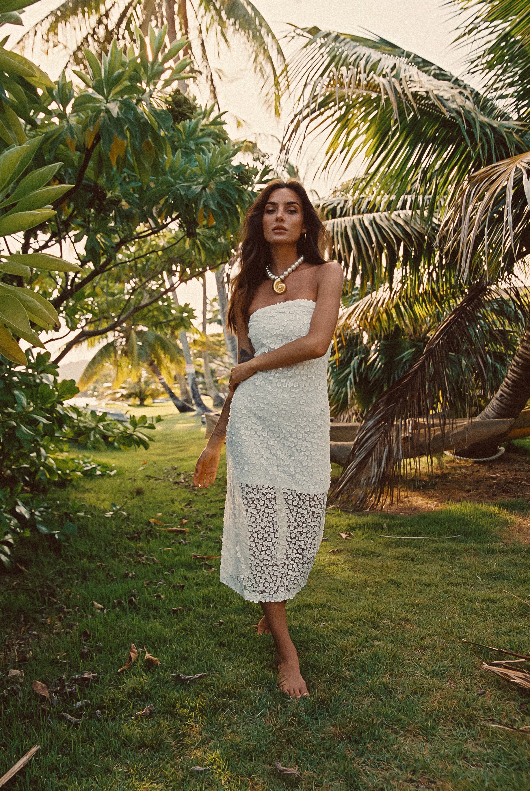 Hannah White Floral Applique Midi Dress