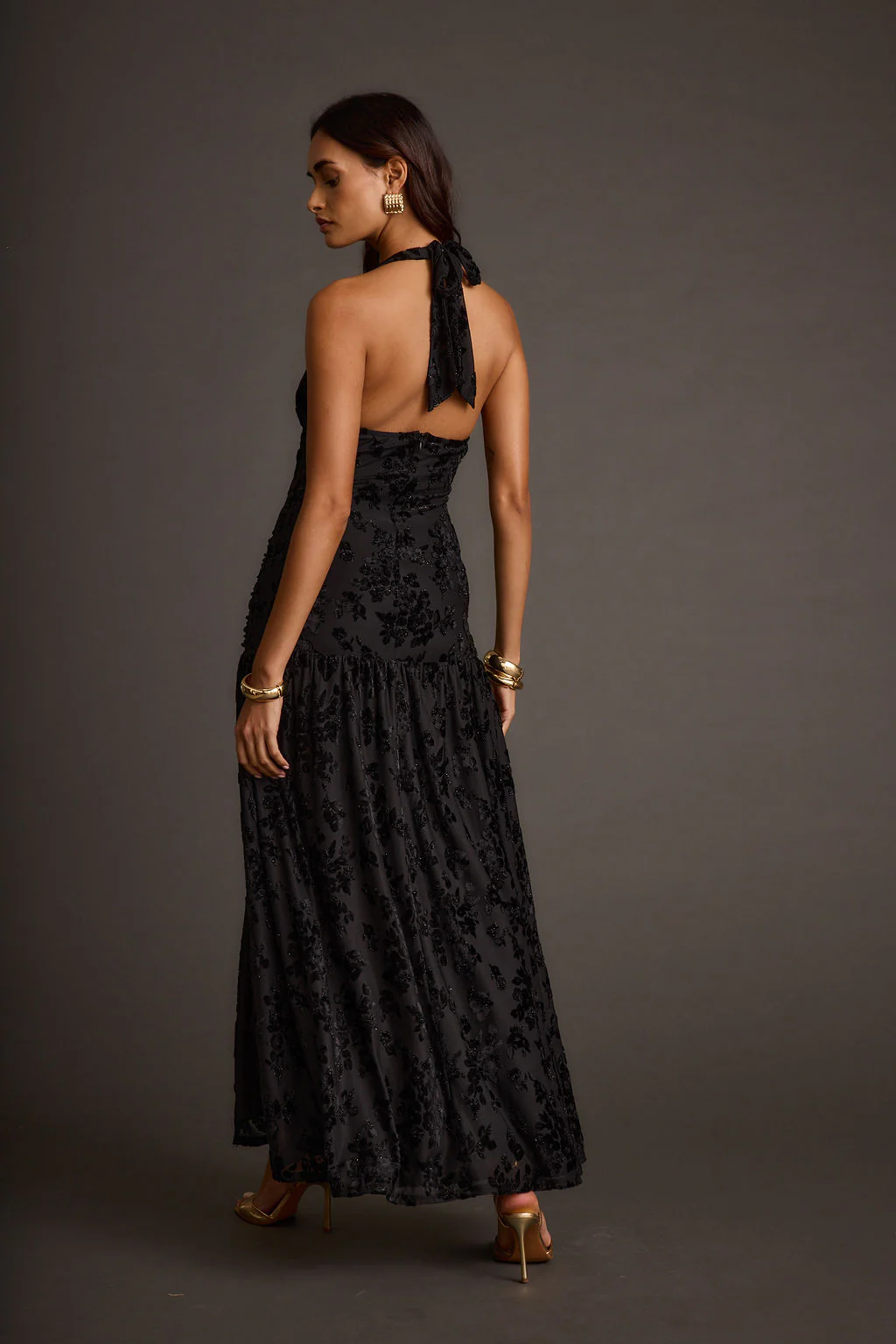 Hollow Black Burnout Halter Maxi Dress - Image 3