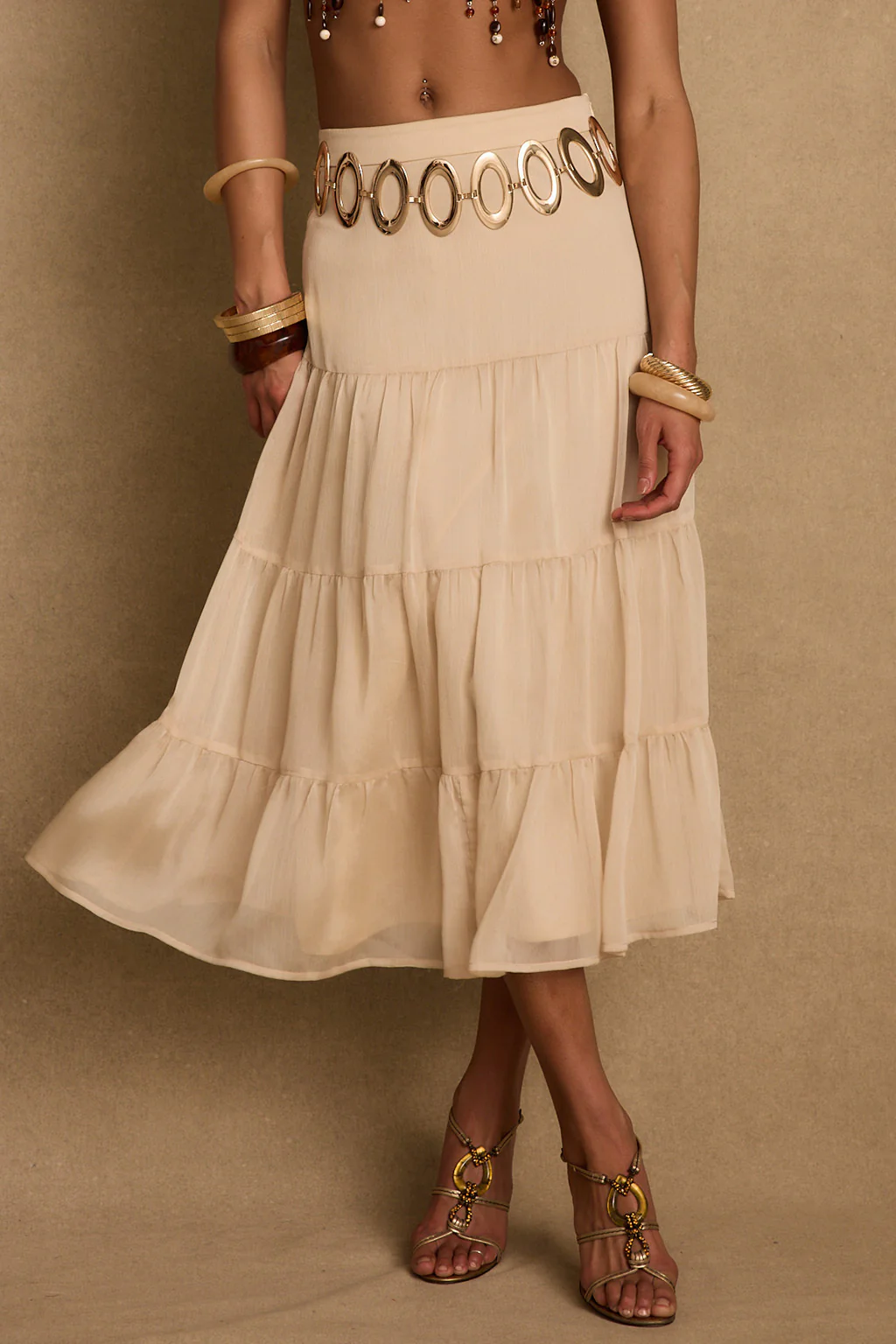 Jolene Beige Tulle Tier Maxi Skirt - Image 3
