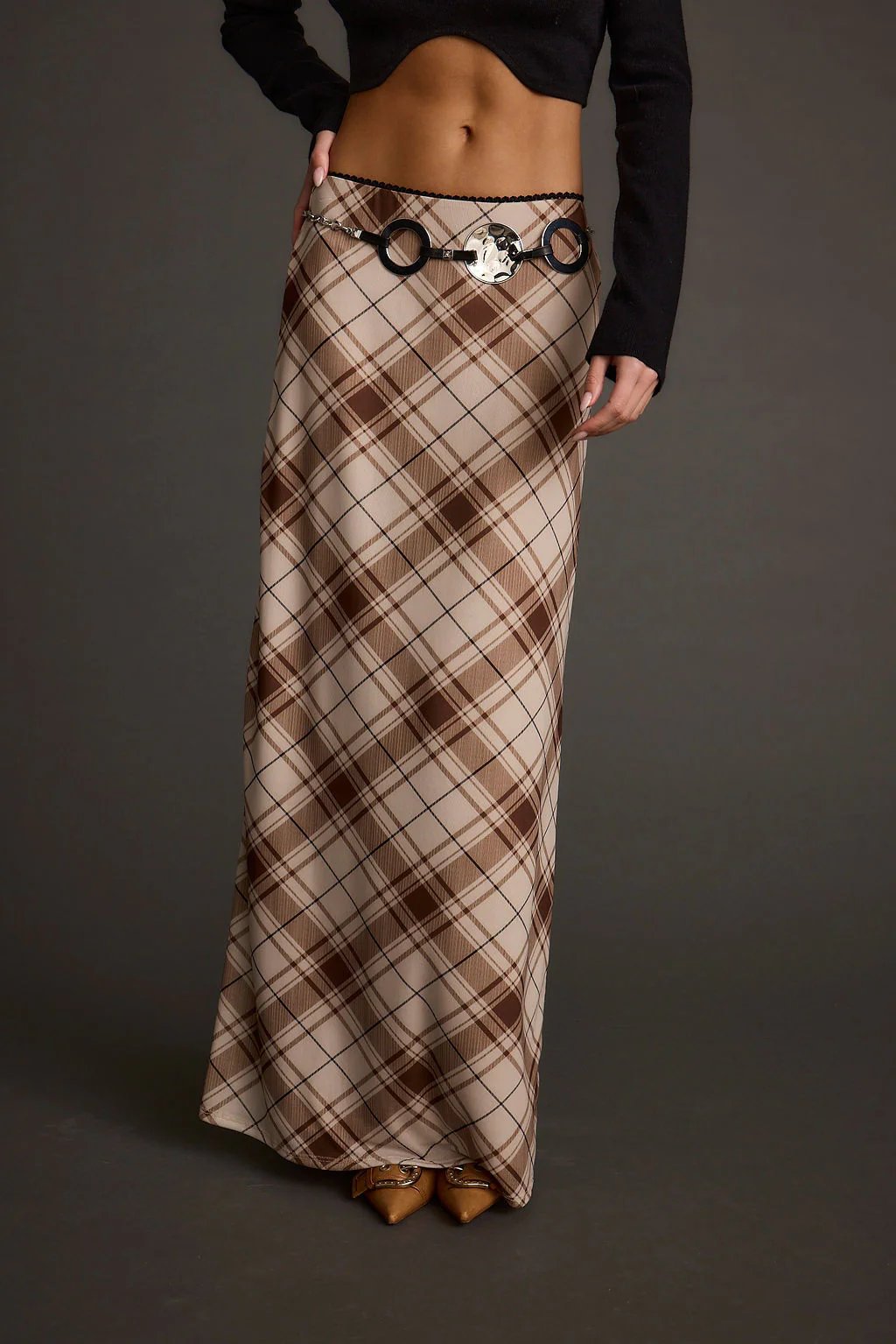 Julia Brown Plaid Mesh Maxi Skirt - Image 3