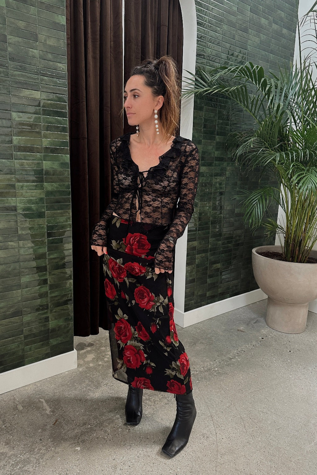 Julia Red Rose Mesh Maxi Skirt - Image 6