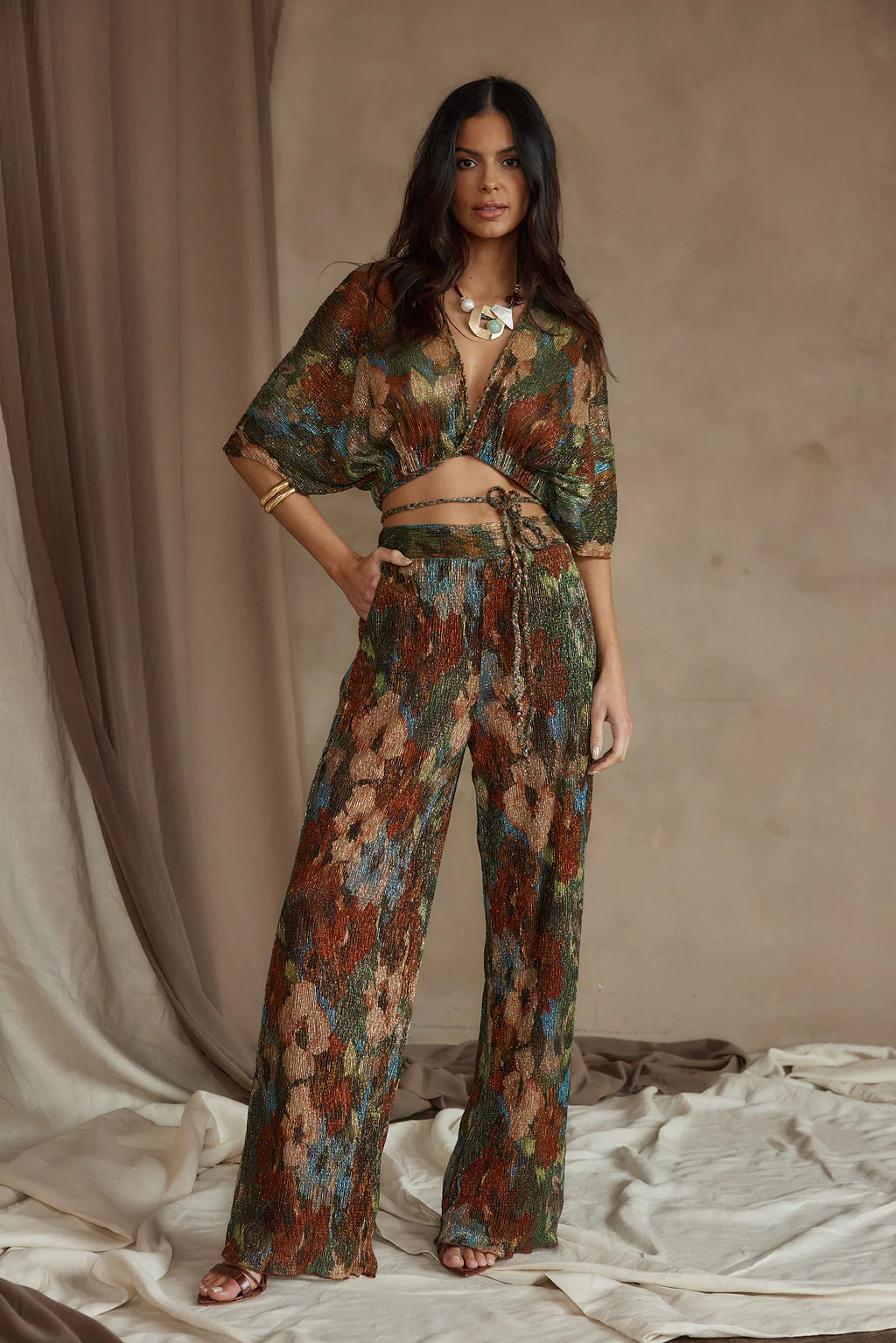 Kaia Multicolor Metallic Floral Crop Top - Image 4