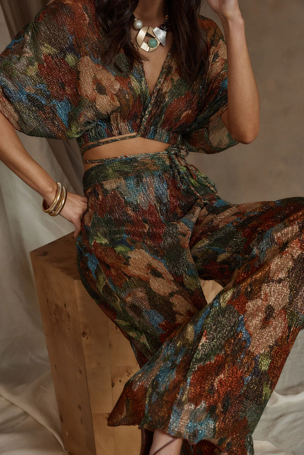 Kaia Multicolor Metallic Floral Crop Top - Image 7