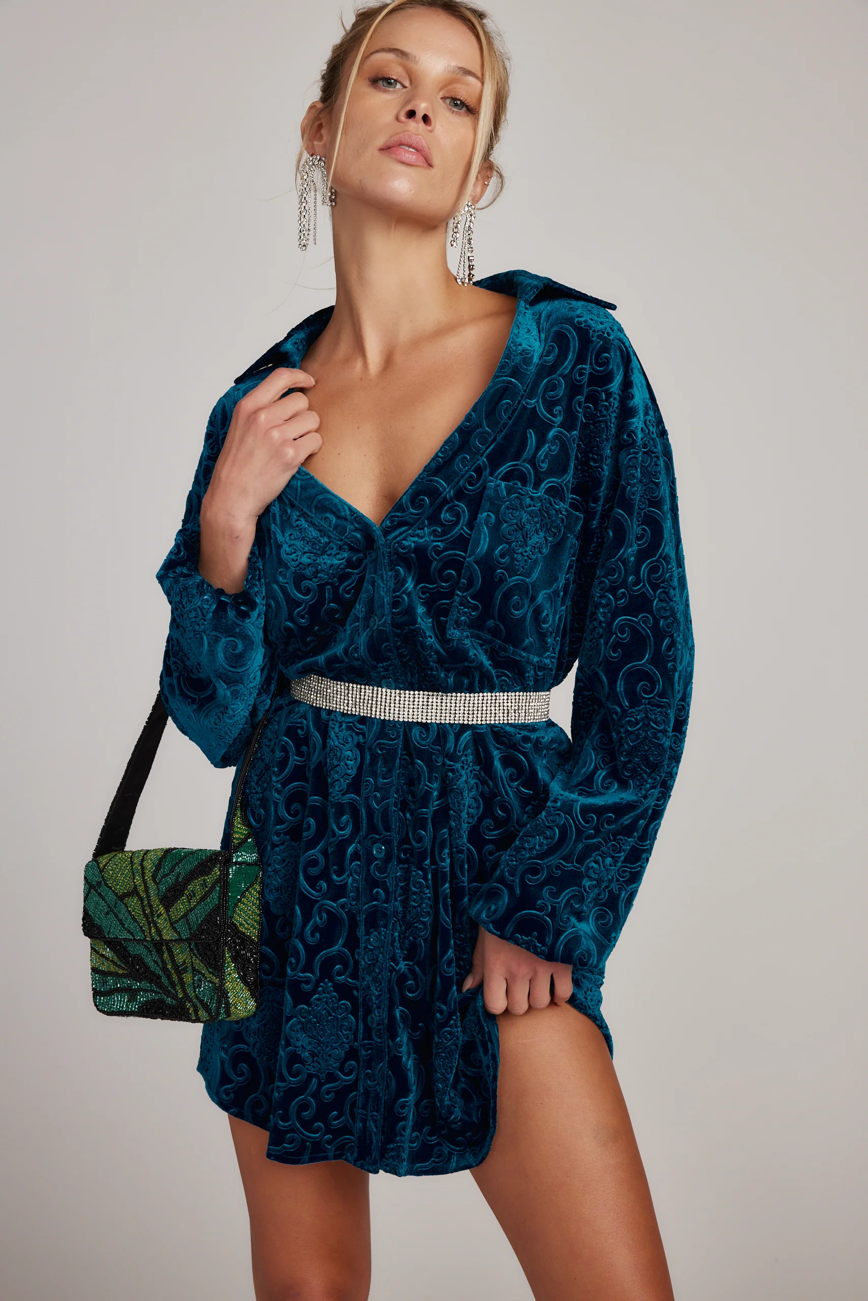 Kali Blue Long Sleeve Velvet Dress - Image 7