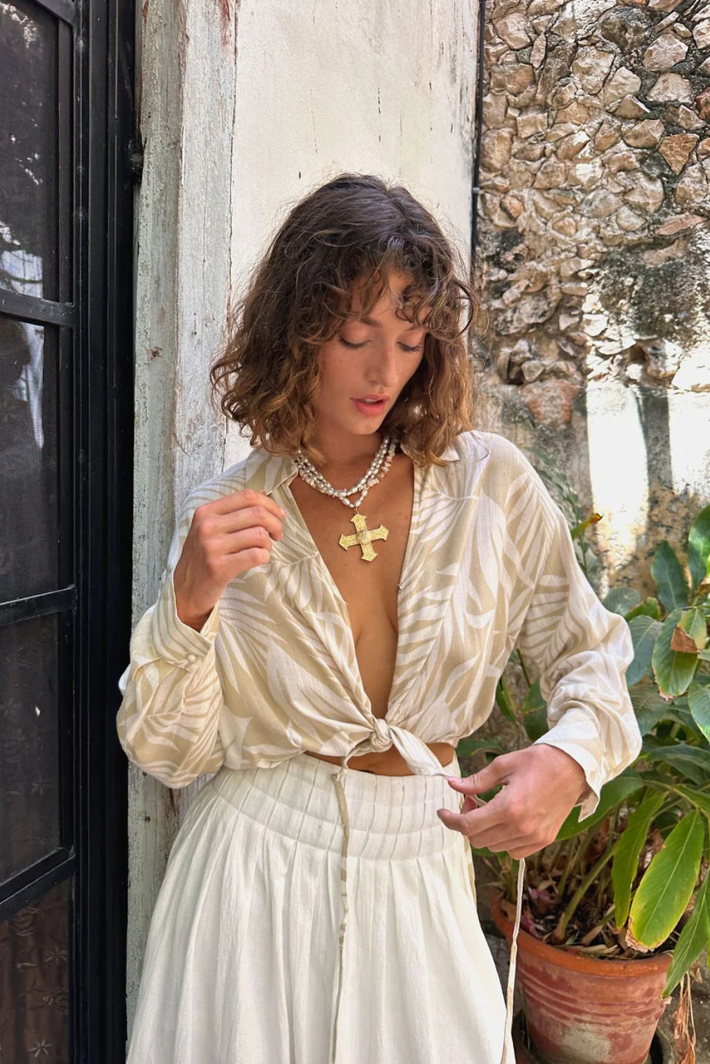 Kiana Beige Palm Print Wrap Top - Image 5