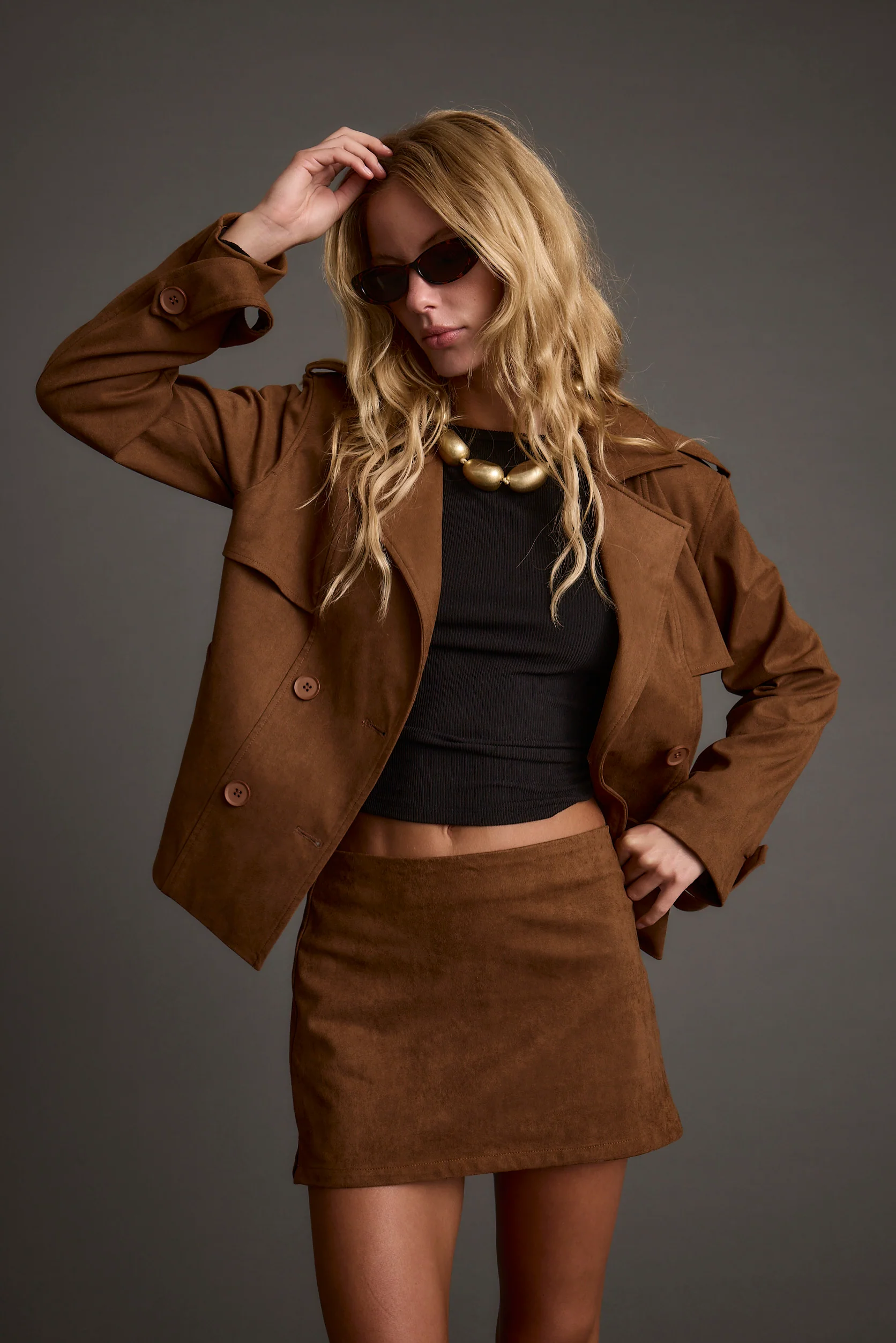 Kinsey Cognac Vegan Suede Cropped Trench - Image 7