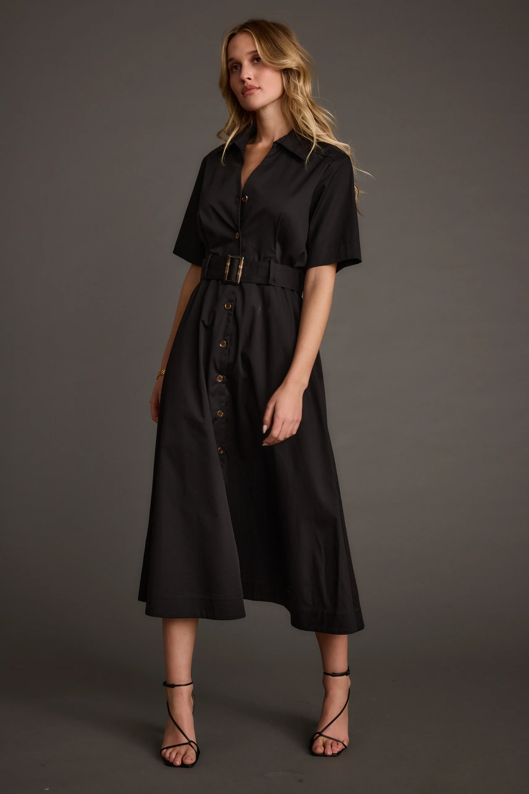 Leena Black Button Front Belted Midi Dress - Image 6