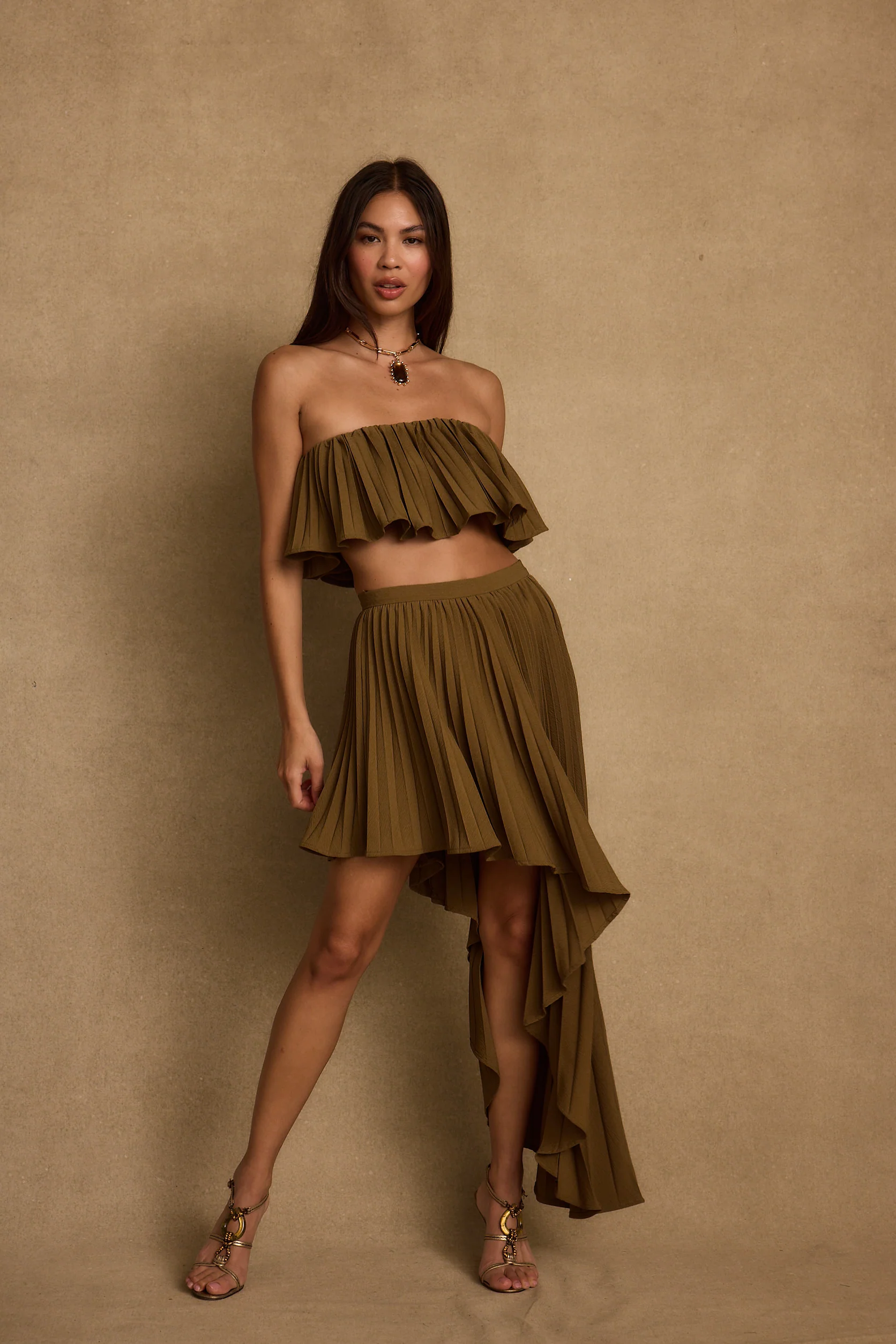 Lima Olive Asymmetrical Midi Skirt - Image 3