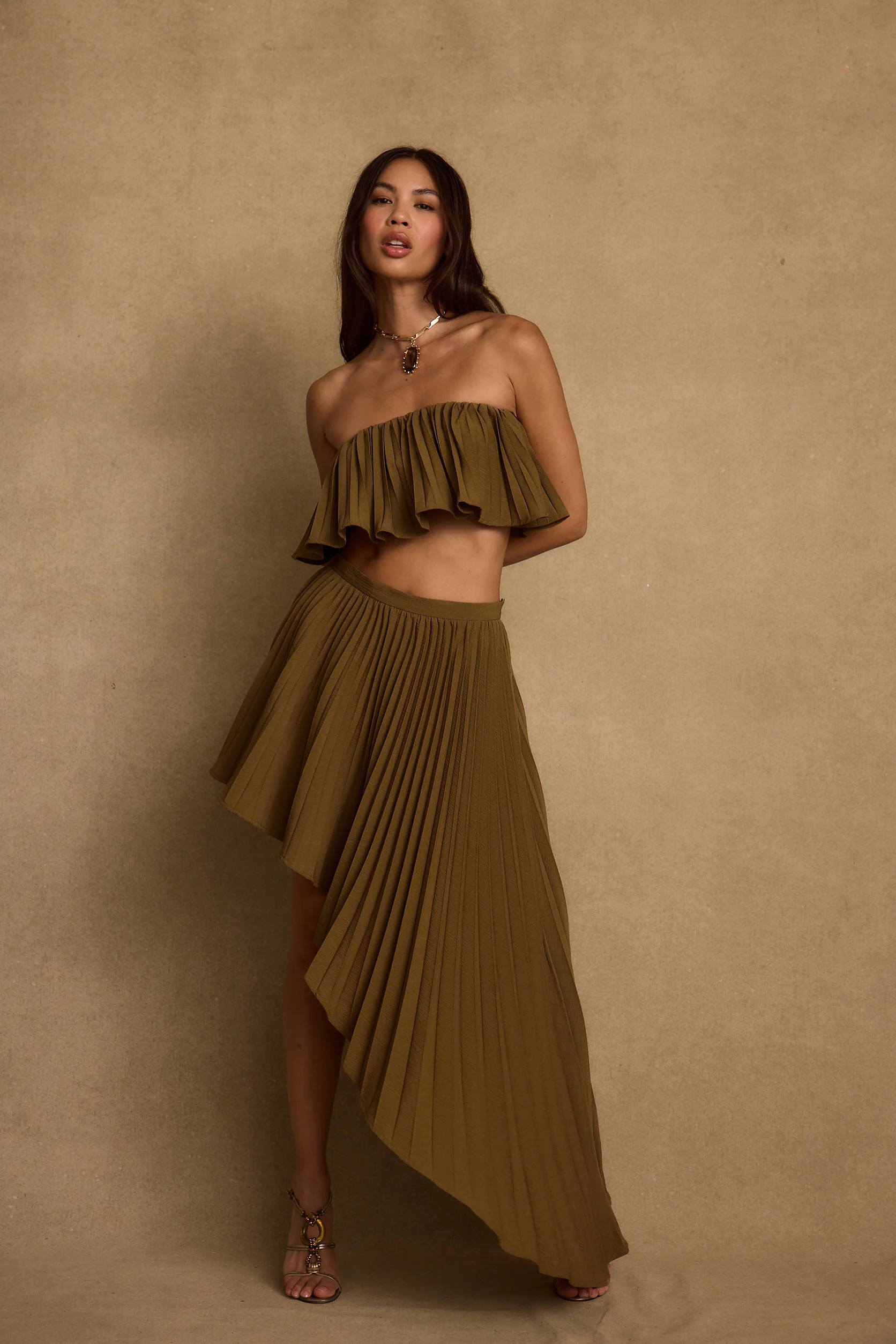 Lima Olive Asymmetrical Midi Skirt - Image 9