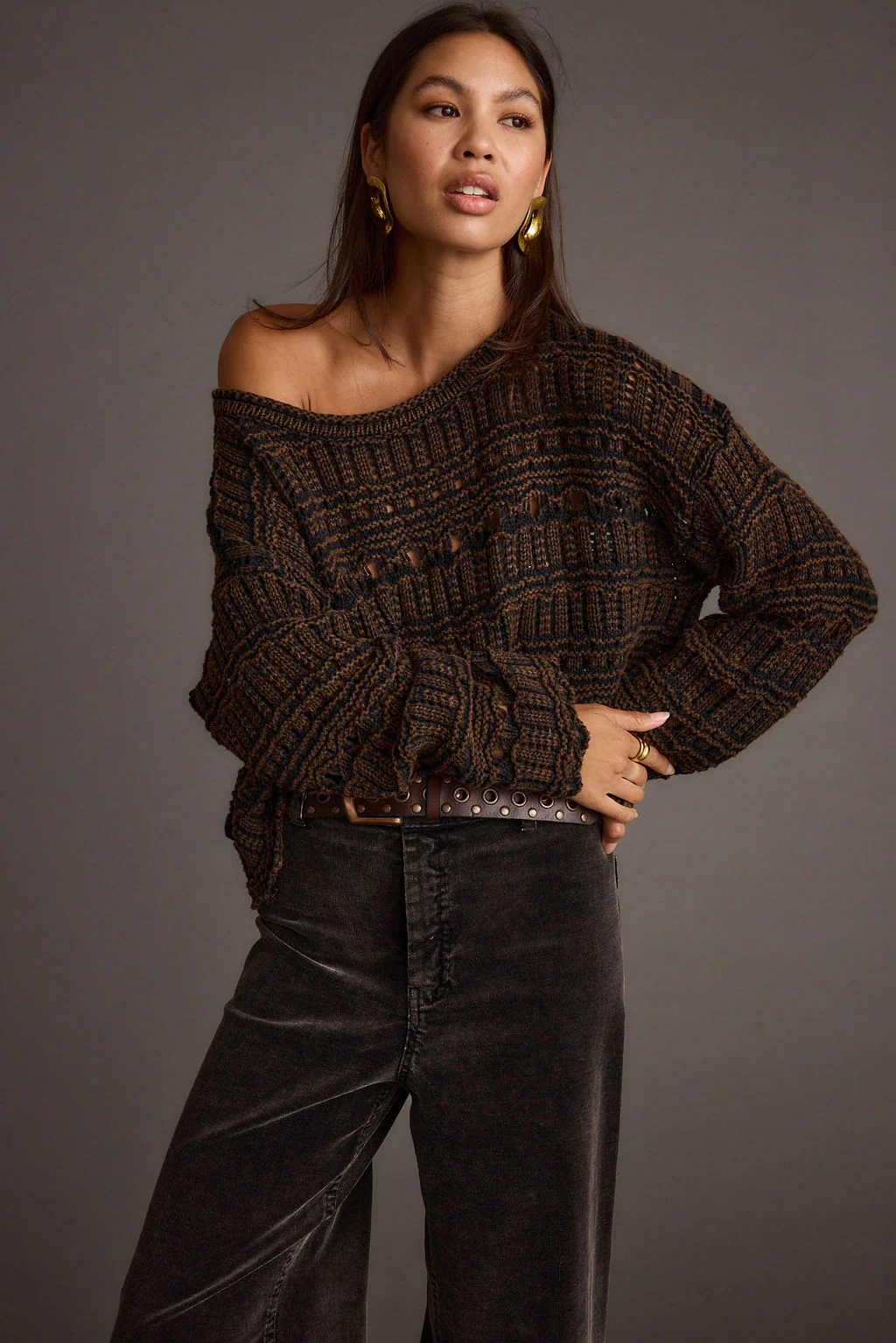 Marley Brown Open Knit Relaxed Sweater - Image 3