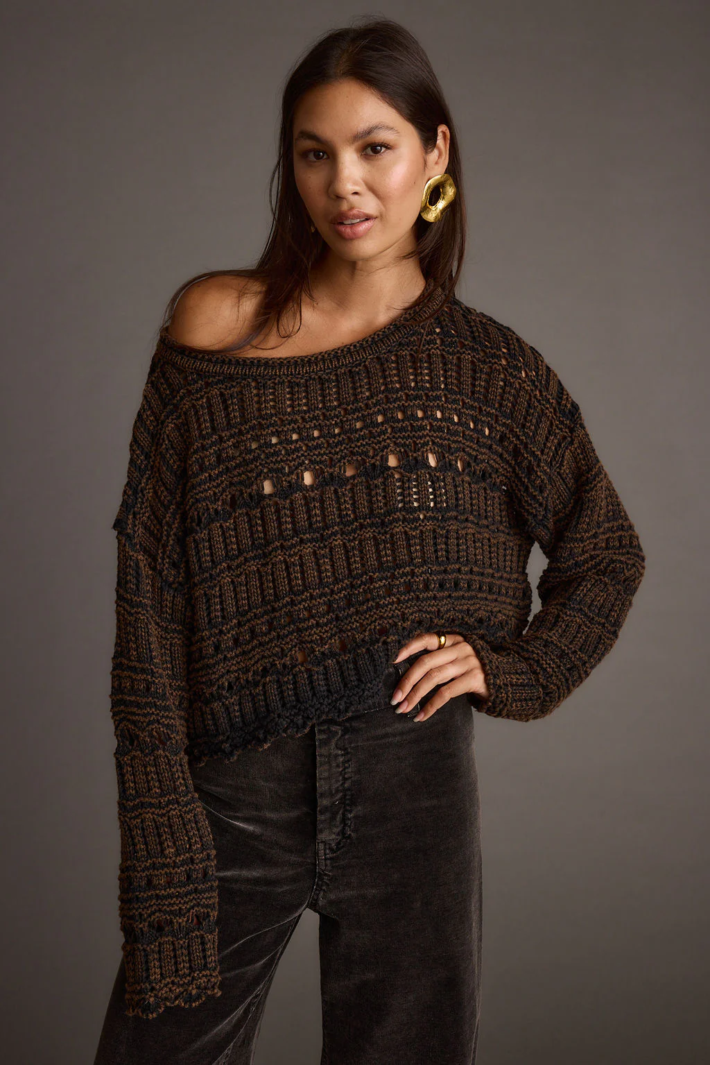 Marley Brown Open Knit Relaxed Sweater - Image 5