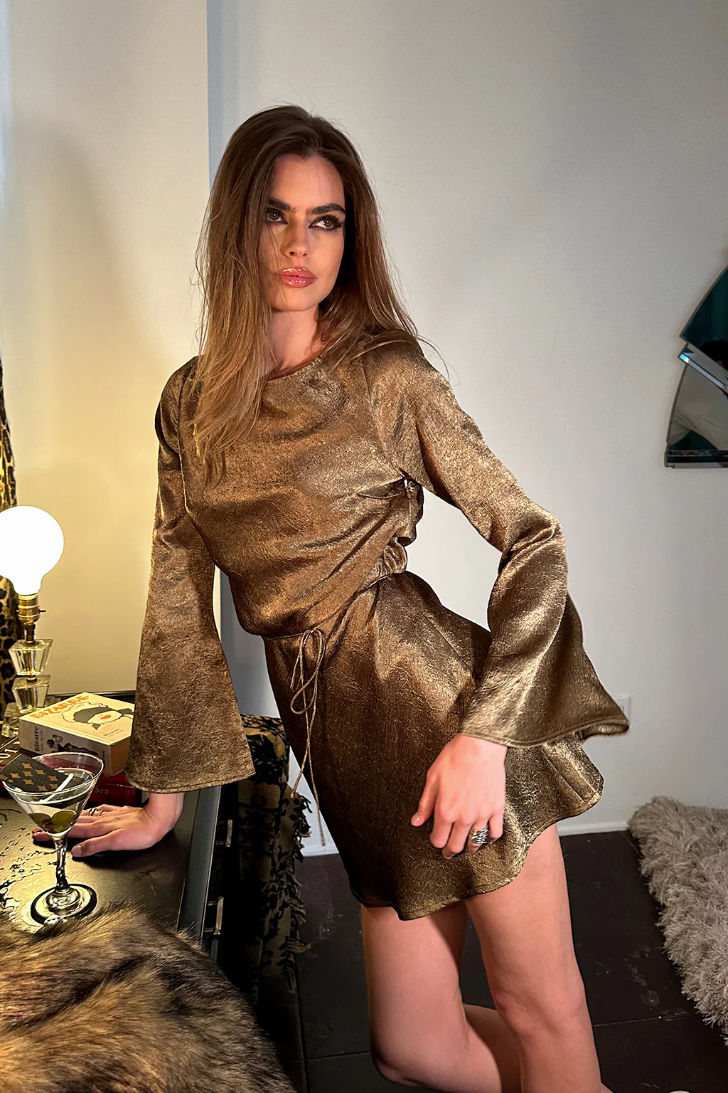 Meadow Dusty Gold Satin Mini Dress - Image 8