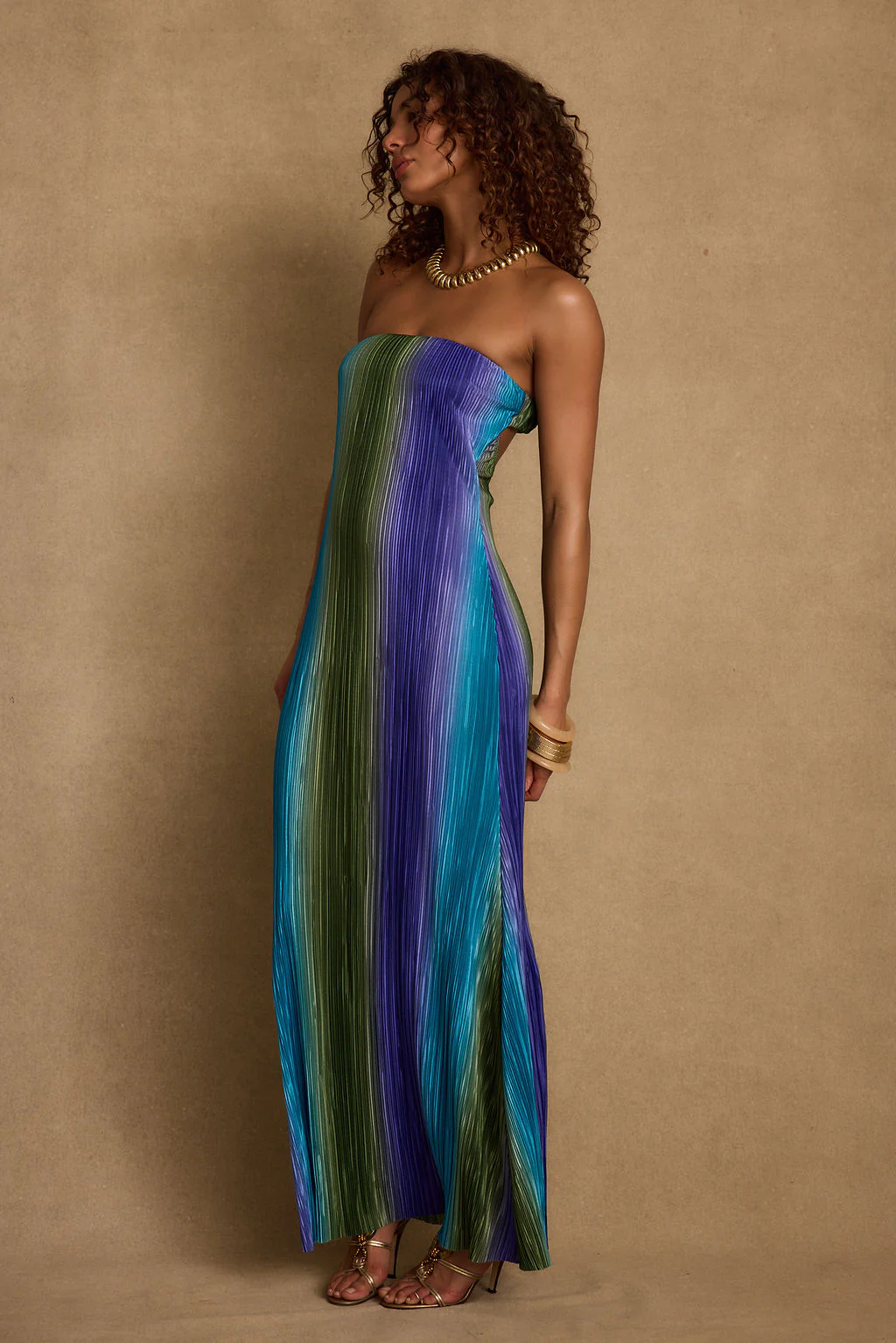 Natalia Blue Striped Strapless Plisse Maxi Dress - Image 5