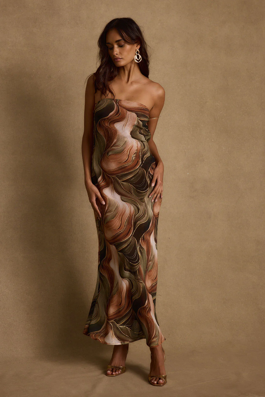 Natalia Olive and Rust Abstract Strapless Maxi Dress - Image 2