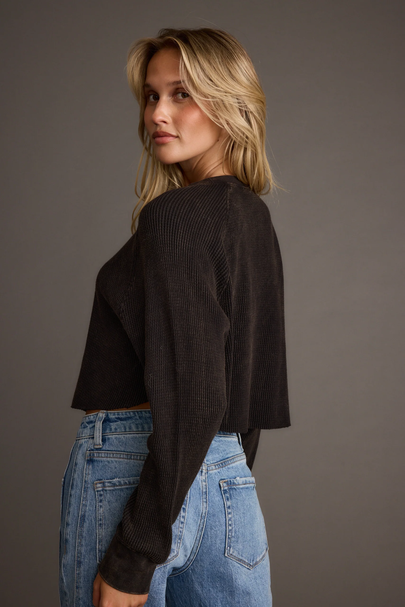 Not Your Boyfriend Washed Black Waffle Knit Henley - Image 7