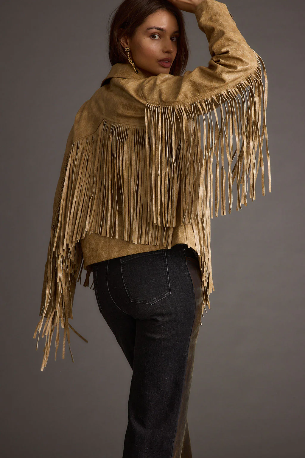 Phoenix Taupe Vegan Leather Moto Fringe Jacket - Image 8
