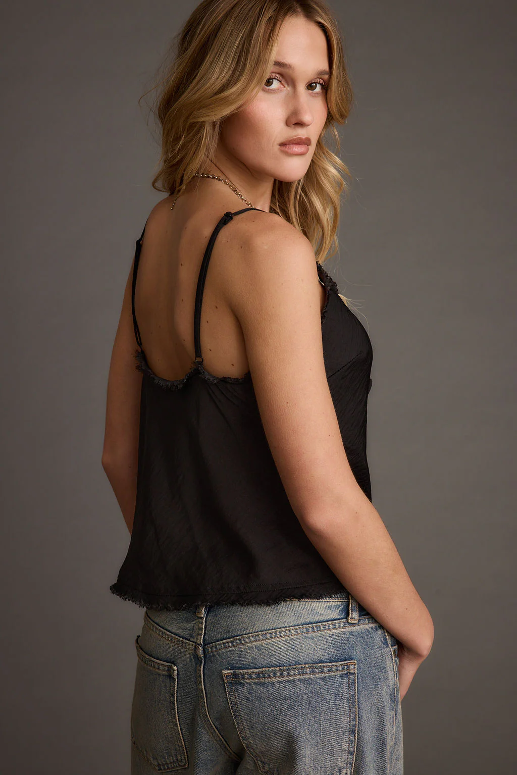 Prosecco Black Rosette Frill Satin Cami Tank - Image 4