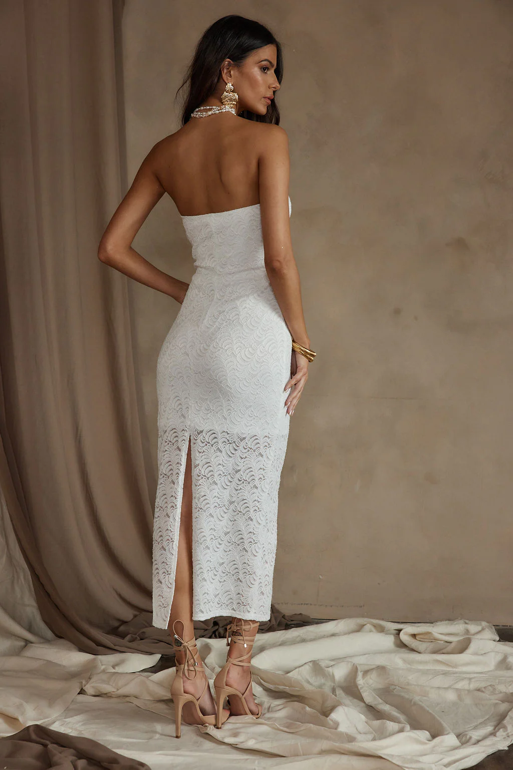 Reagan Strapless White Lace Midi Dress - Image 3