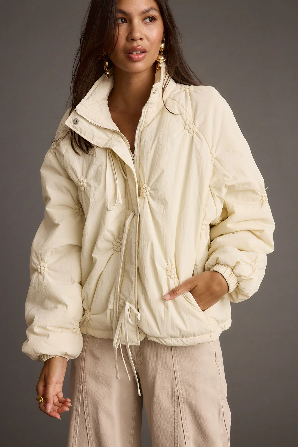 Rosey Cream Zip Front Puffer Coat - Image 3