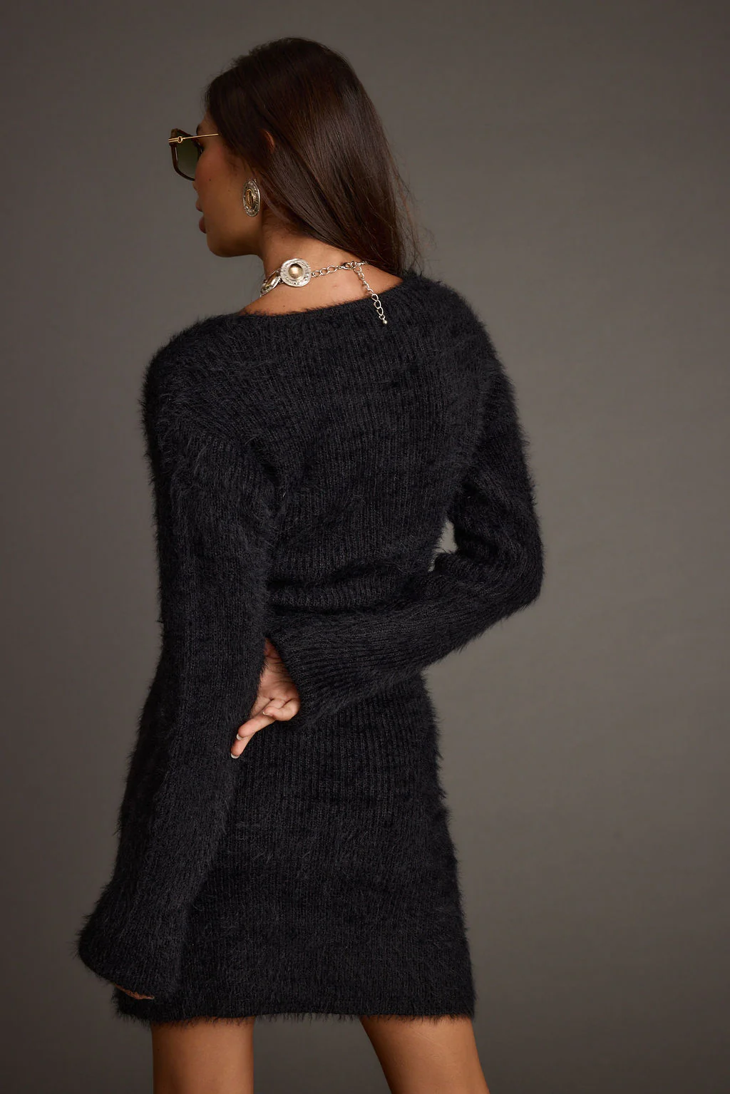 Shiloh Black V-Neck Sweater Mini Dress - Image 2