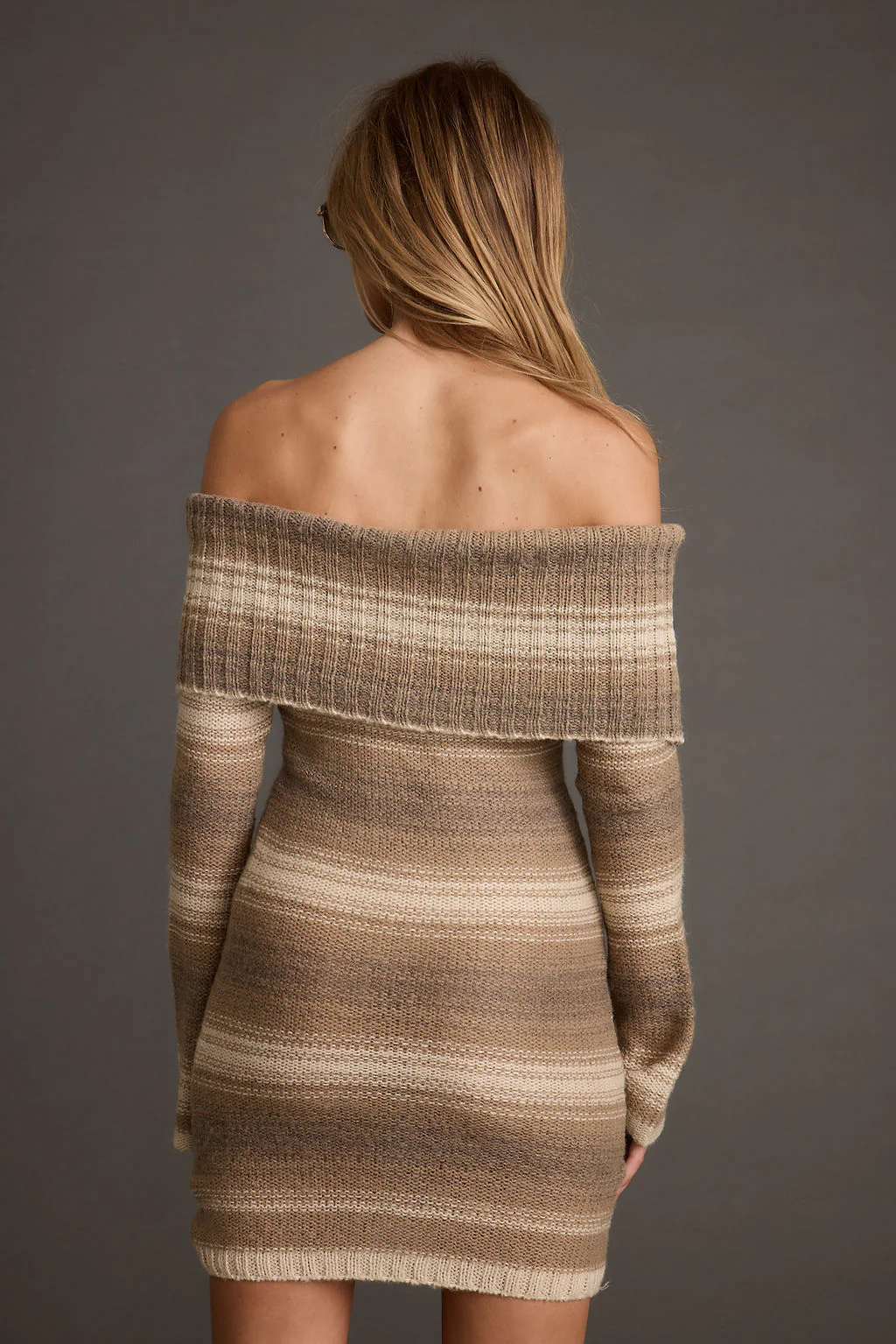 Siena Brown Striped Off the Shoulder Sweater Dress - Image 2