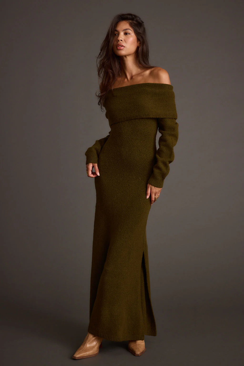 Simone Dark Olive Sweater Maxi Dress - Image 4