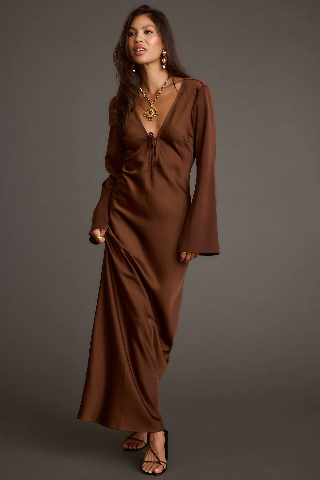 Strokes Mocha Long Sleeve Plunge Satin Maxi Dress - Image 2