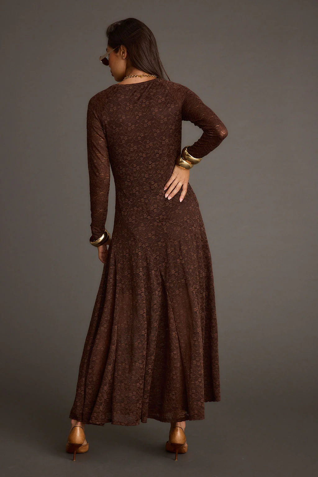 Tierra Brown Lace Long Sleeve Maxi Dress - Image 3