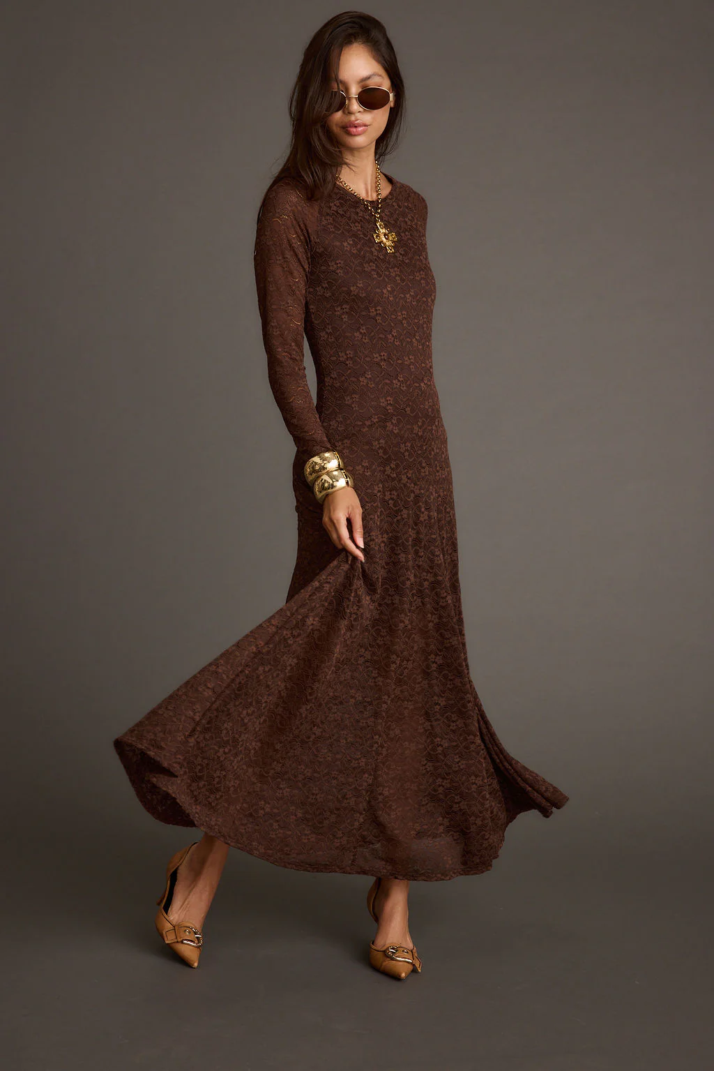 Tierra Brown Lace Long Sleeve Maxi Dress - Image 4