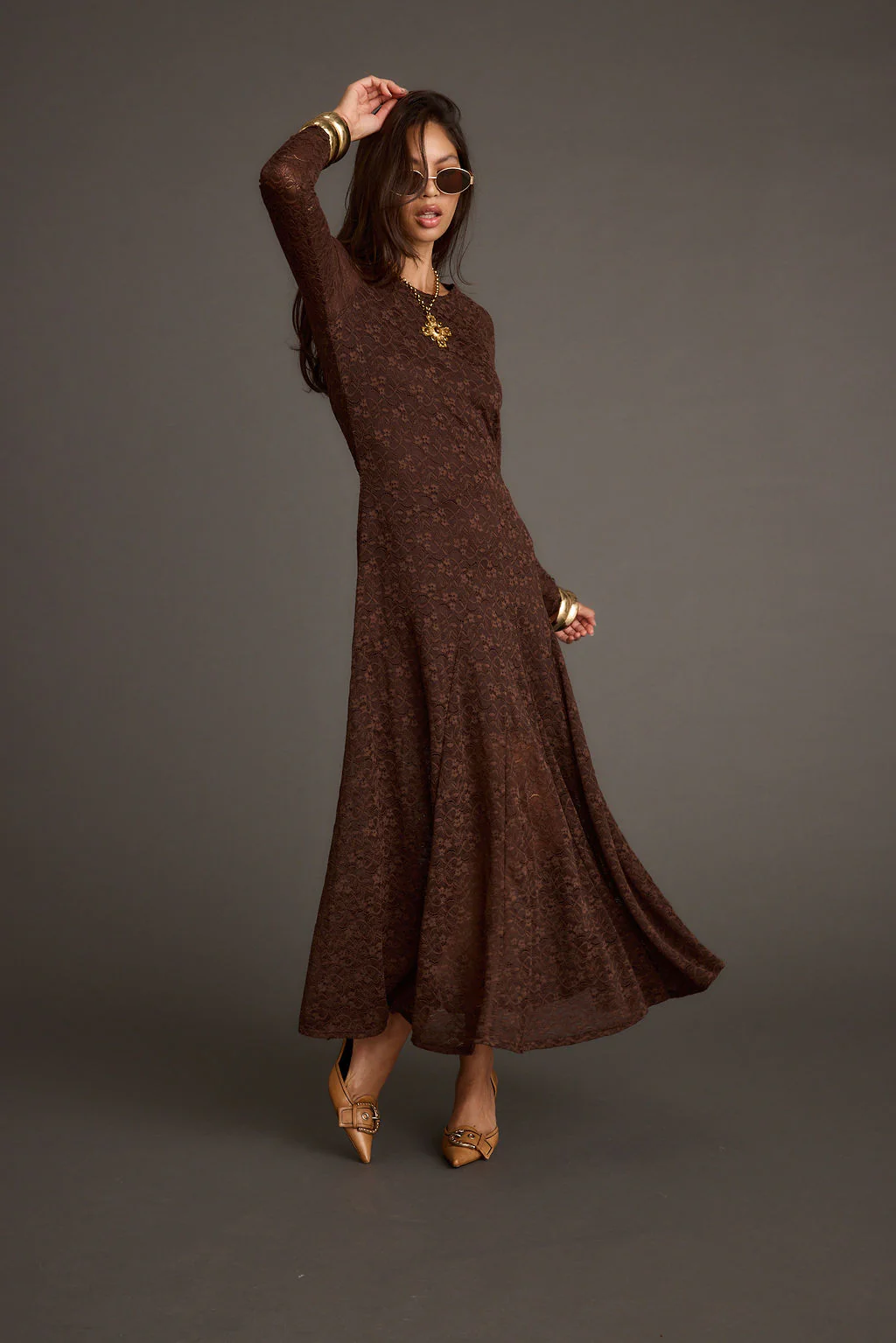 Tierra Brown Lace Long Sleeve Maxi Dress - Image 5