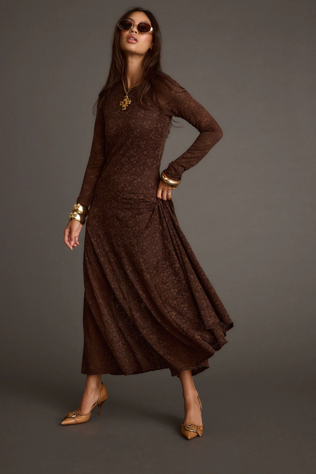 Tierra Brown Lace Long Sleeve Maxi Dress - Image 6